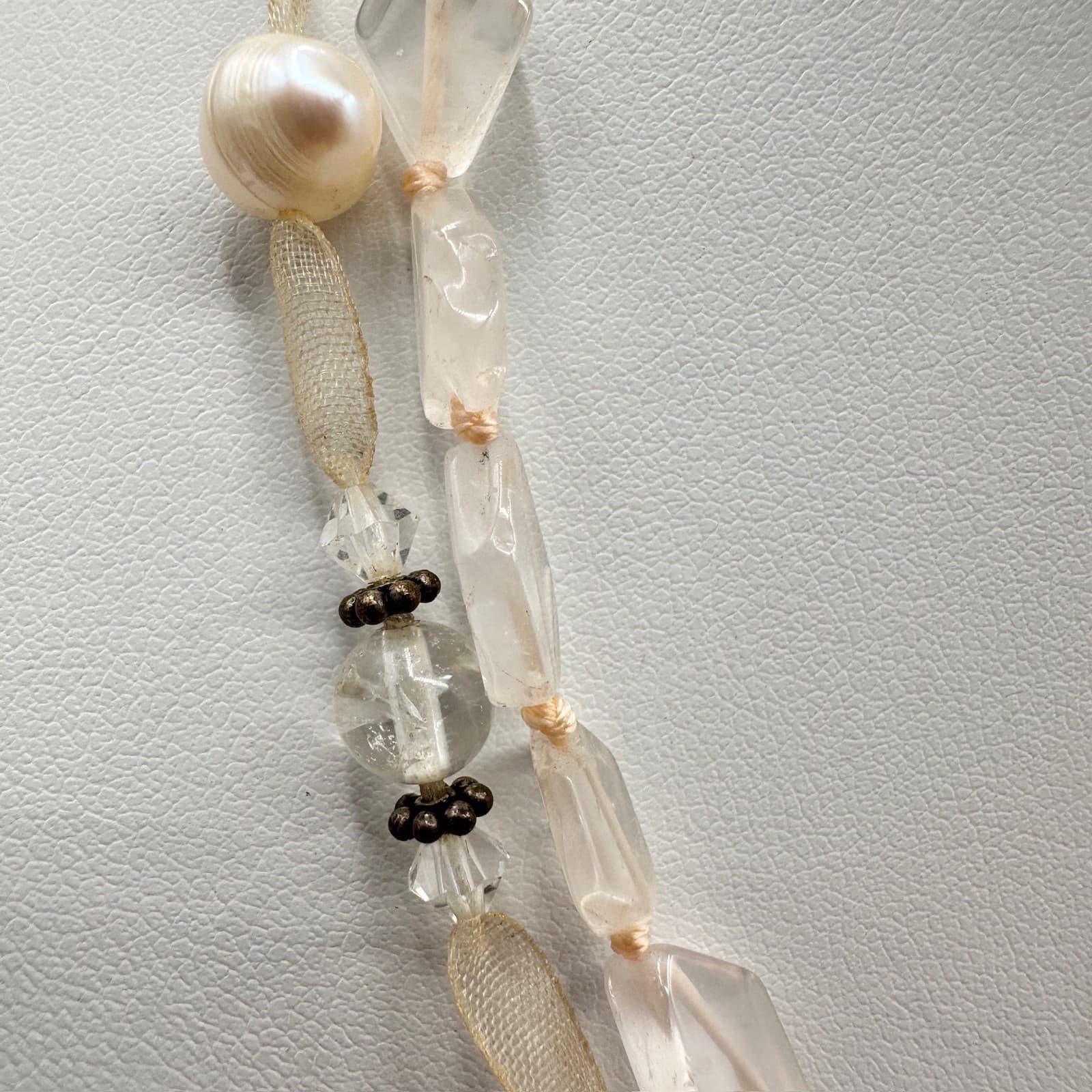 Vintage 90s Rose Quartz & Pearl Multi-Strand Necklace Pink Boho Women's Jewelry - Thumbnail 3