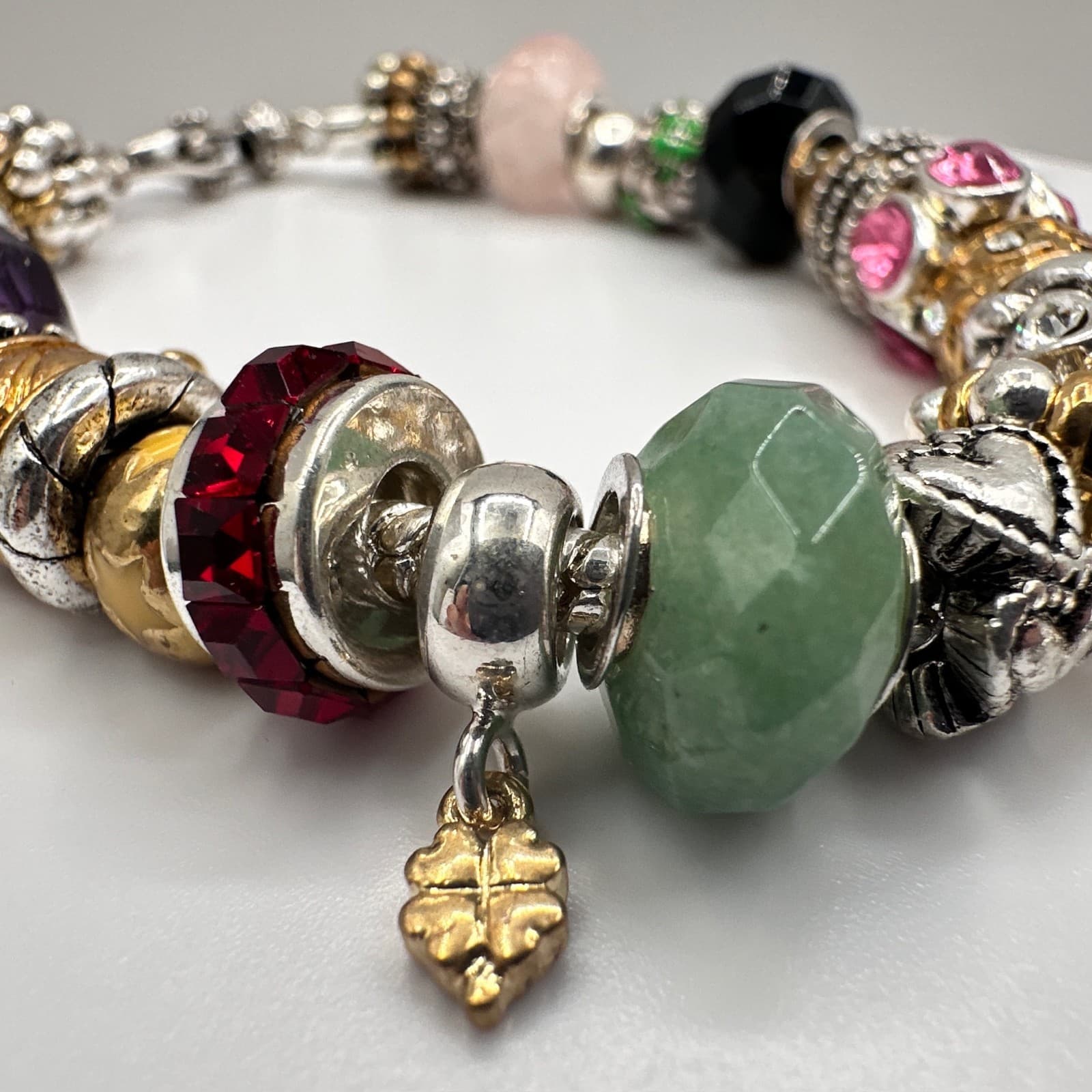 Vintage 90s Charm Bracelet Rhinestone Beads Heart Initial M Pendant Silver Tone - Thumbnail 5