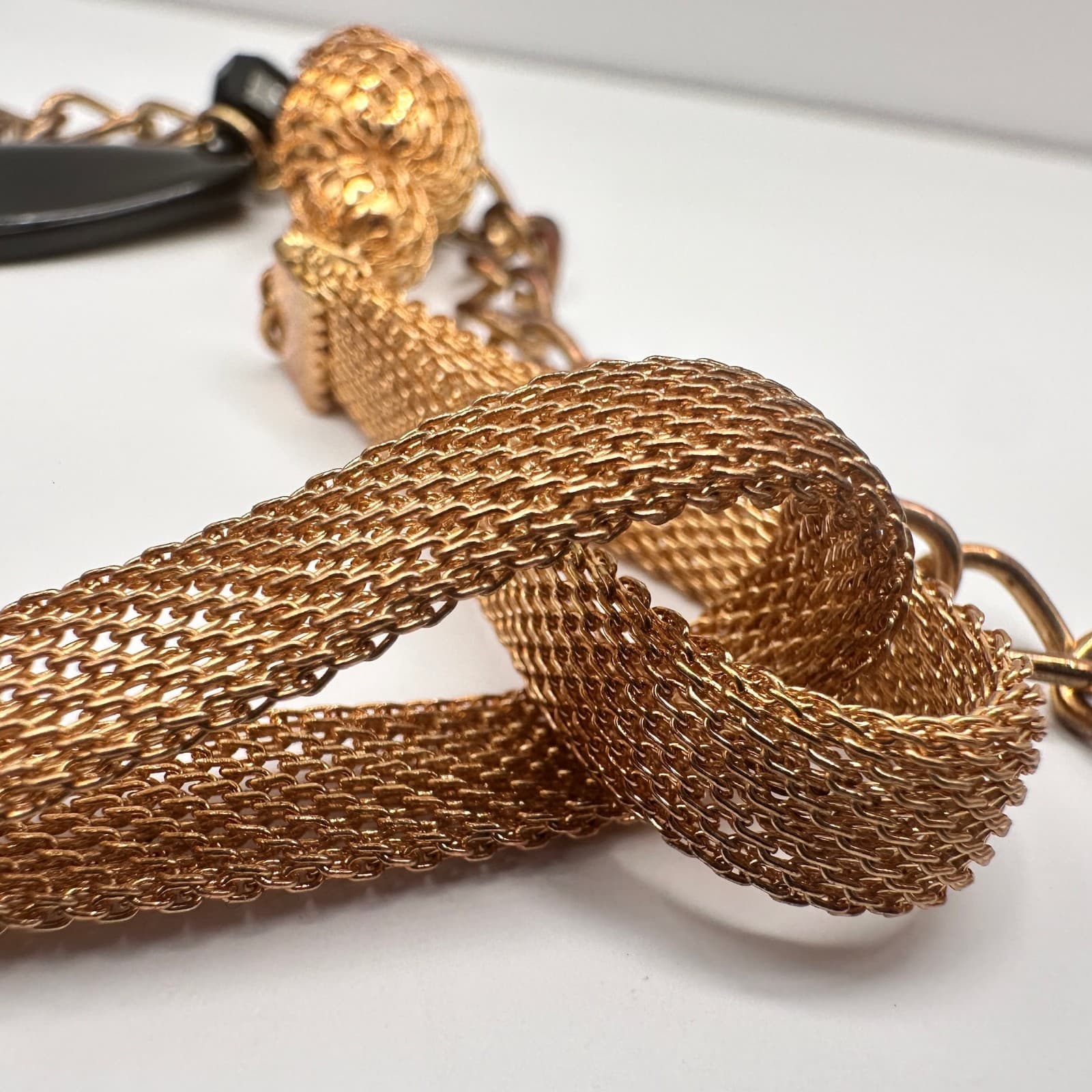 Vintage Black Bead Long Necklace Layered Chain Mesh Pendant Gold Tone Jewelry - Thumbnail 12