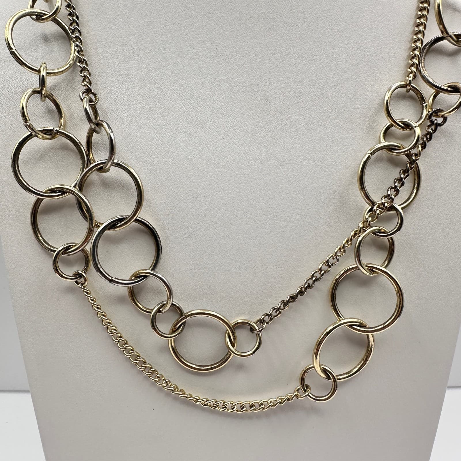 Vintage 90s Jewelry Multi Layer Circle Link Statement Necklace Gold Tone Chain - Thumbnail 2