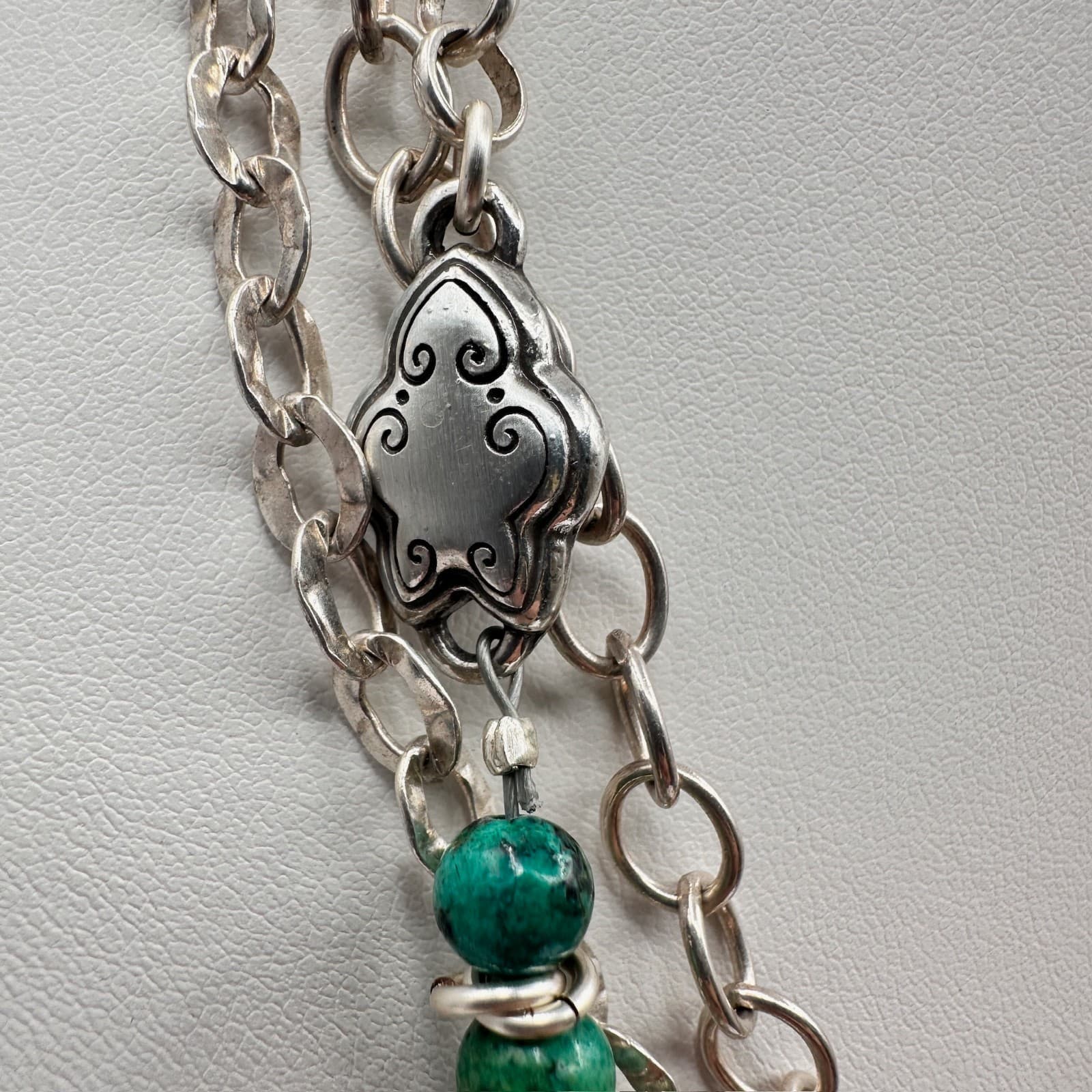 Vintage 90s Silver Tone Green Turquoise Bead Layered Chain Necklace Jewelry - Thumbnail 4