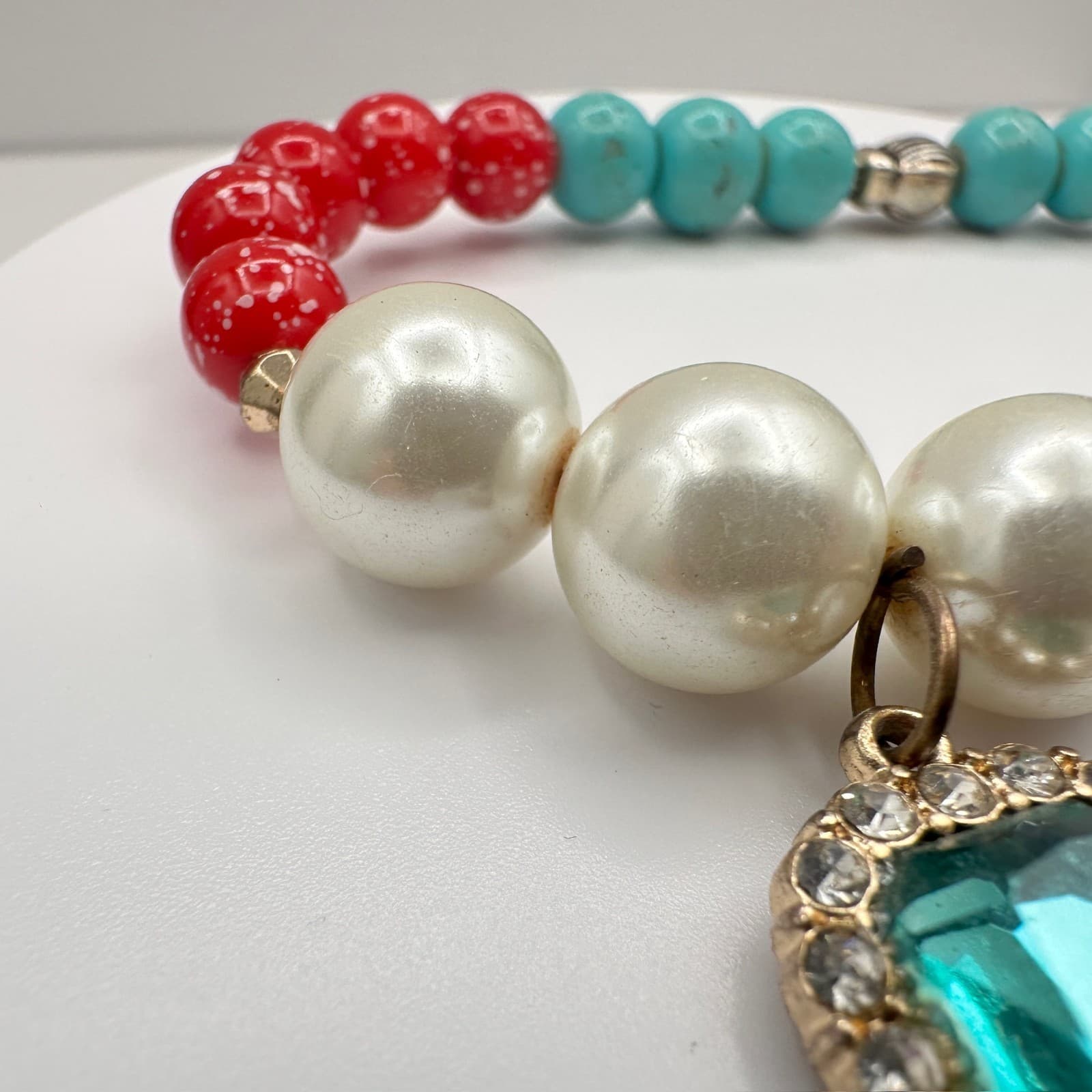 Vintage 90s Charm Stretch Bracelet Turquoise Red Beads Pearl Thunderbird Bird - Thumbnail 7
