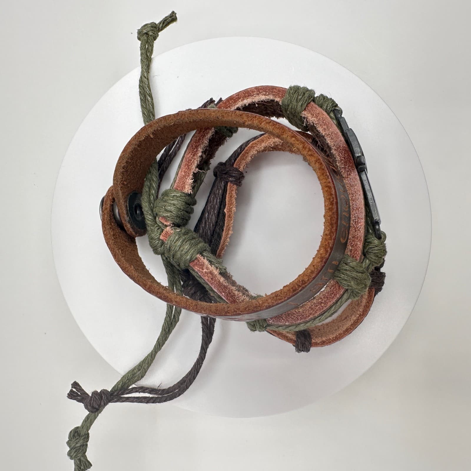 Vintage 90s Brown Leather Wrap Bracelet Set Peace Cross I Am Enough Boho Jewelry - Thumbnail 12