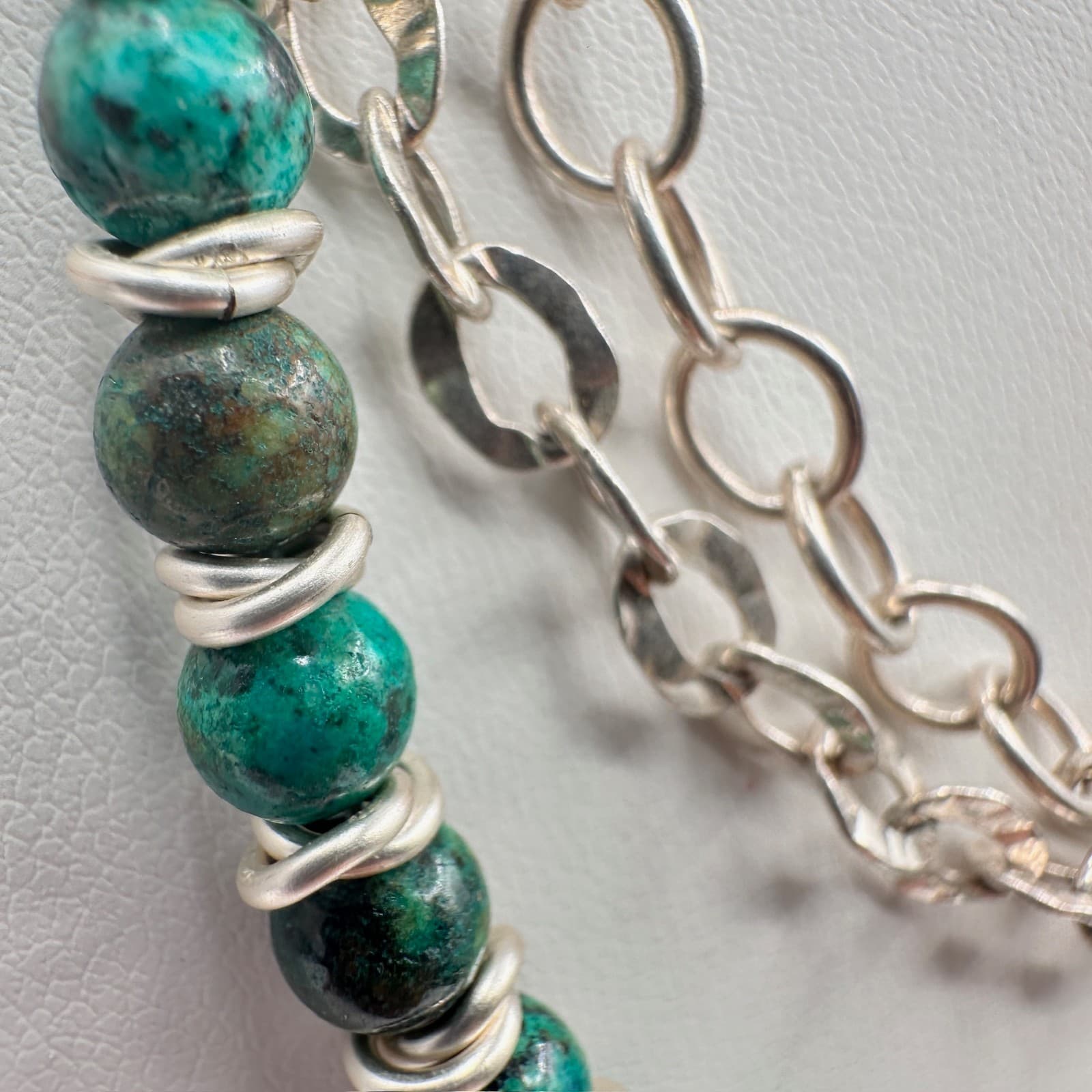 Vintage 90s Silver Tone Green Turquoise Bead Layered Chain Necklace Jewelry - Thumbnail 7