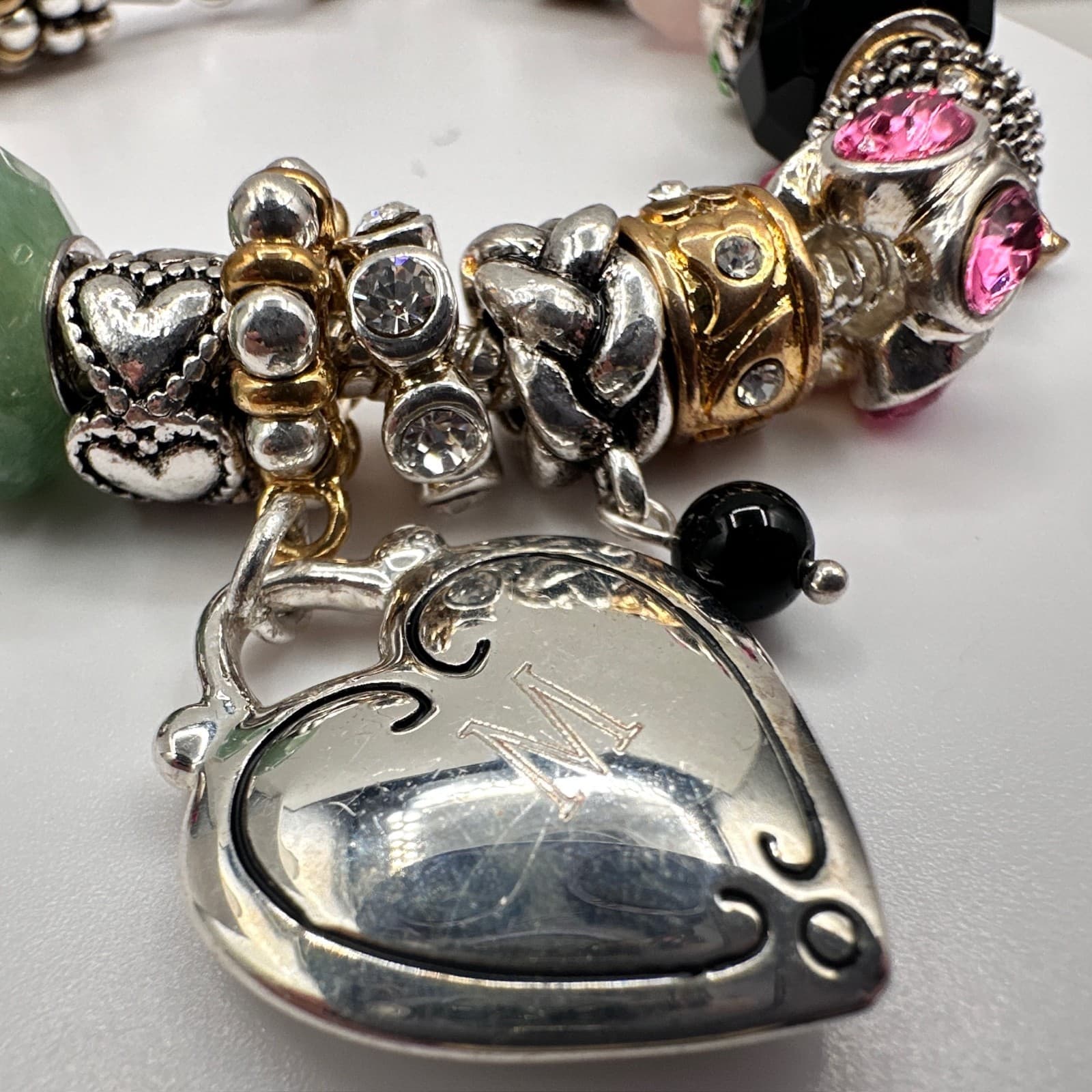 Vintage 90s Charm Bracelet Rhinestone Beads Heart Initial M Pendant Silver Tone - Thumbnail 8