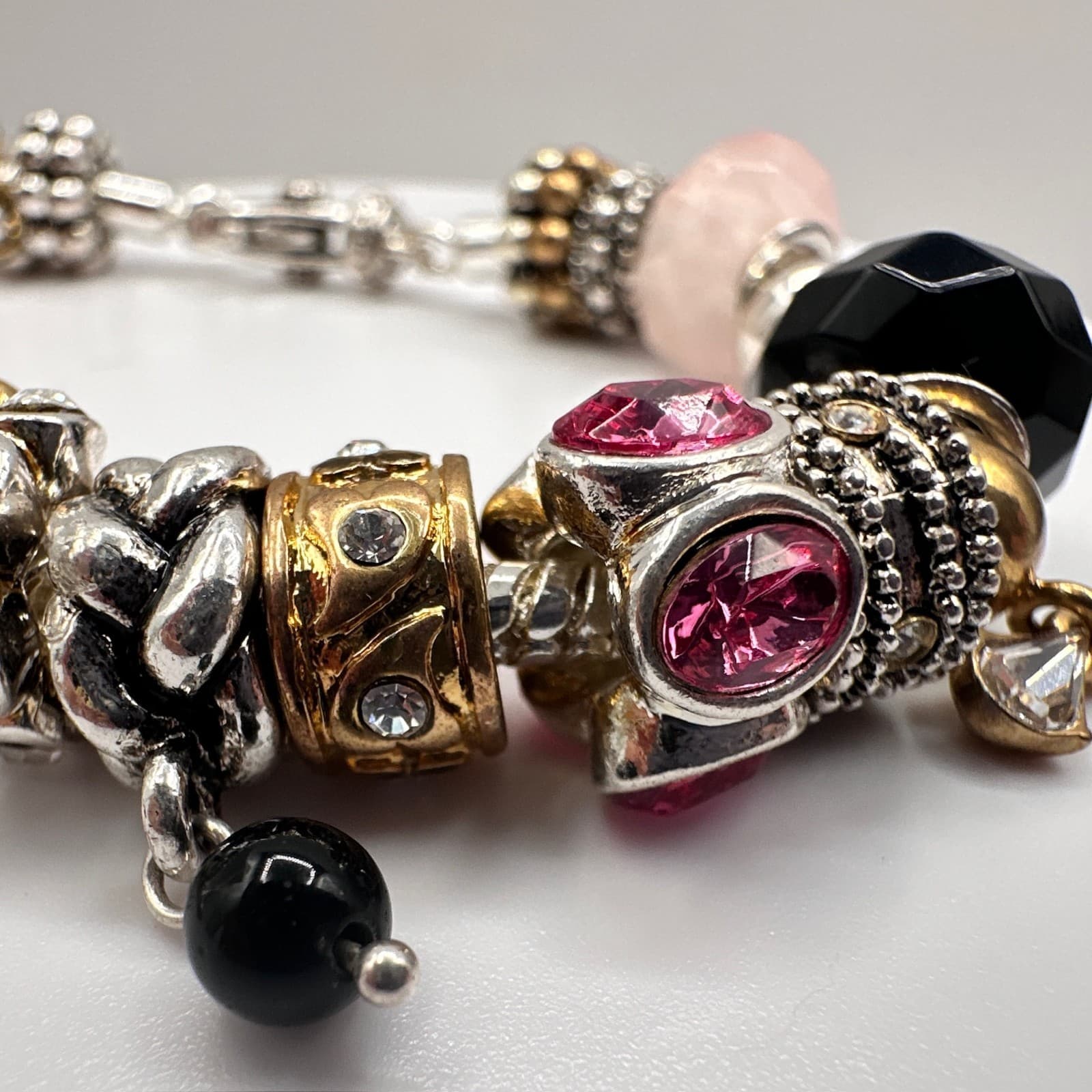 Vintage 90s Charm Bracelet Rhinestone Beads Heart Initial M Pendant Silver Tone - Thumbnail 10