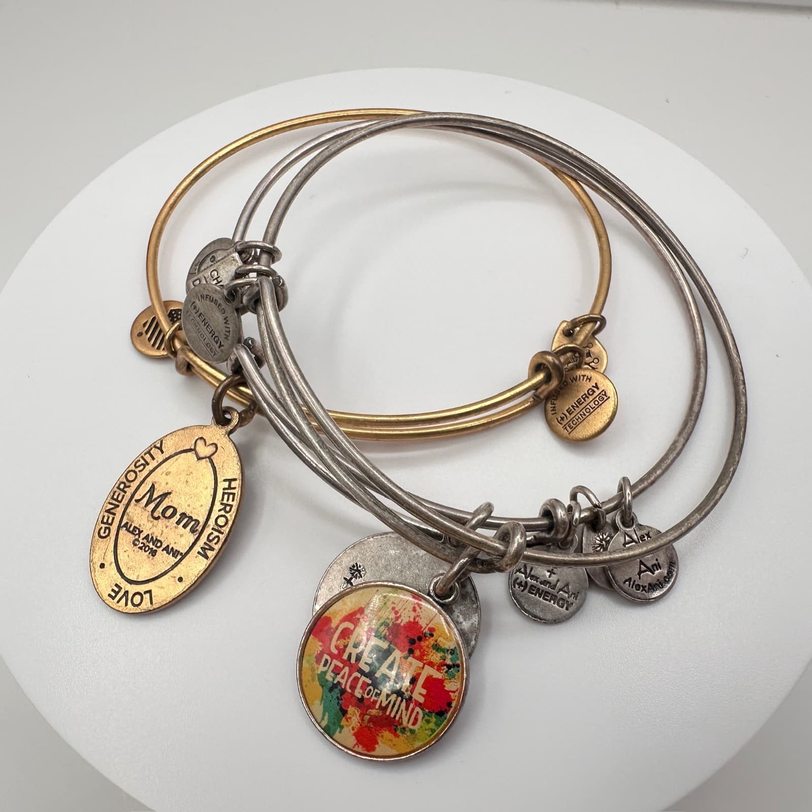 Vintage 90s Alex and Ani Bangle Bracelet Set Mom Peace of Mind Silver &Gold Tone - Thumbnail 9