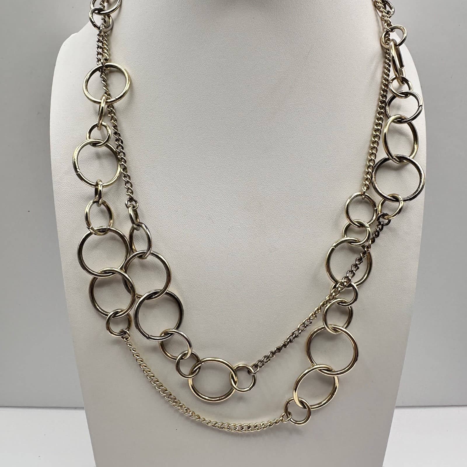 Vintage 90s Jewelry Multi Layer Circle Link Statement Necklace Gold Tone Chain - Image 1