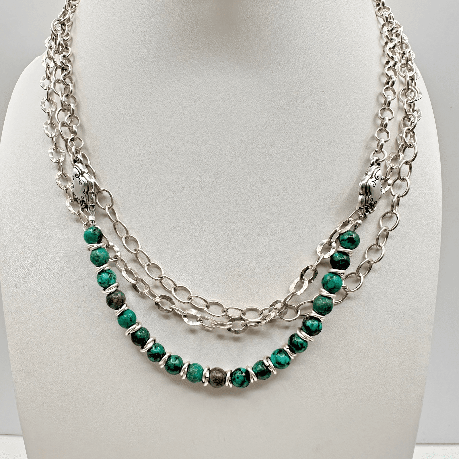 Vintage 90s Silver Tone Green Turquoise Bead Layered Chain Necklace Jewelry - Image 1