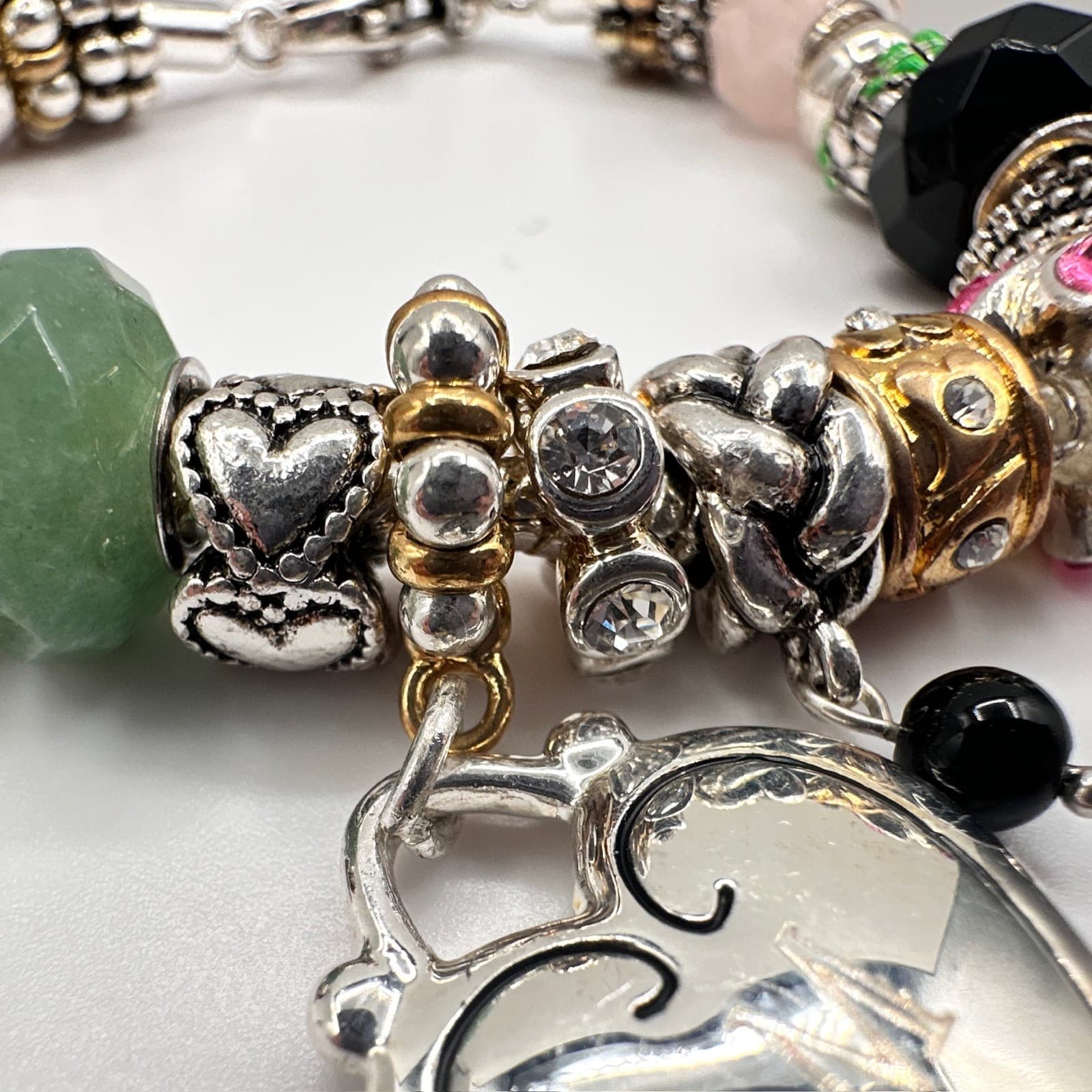 Vintage 90s Charm Bracelet Rhinestone Beads Heart Initial M Pendant Silver Tone - Thumbnail 9