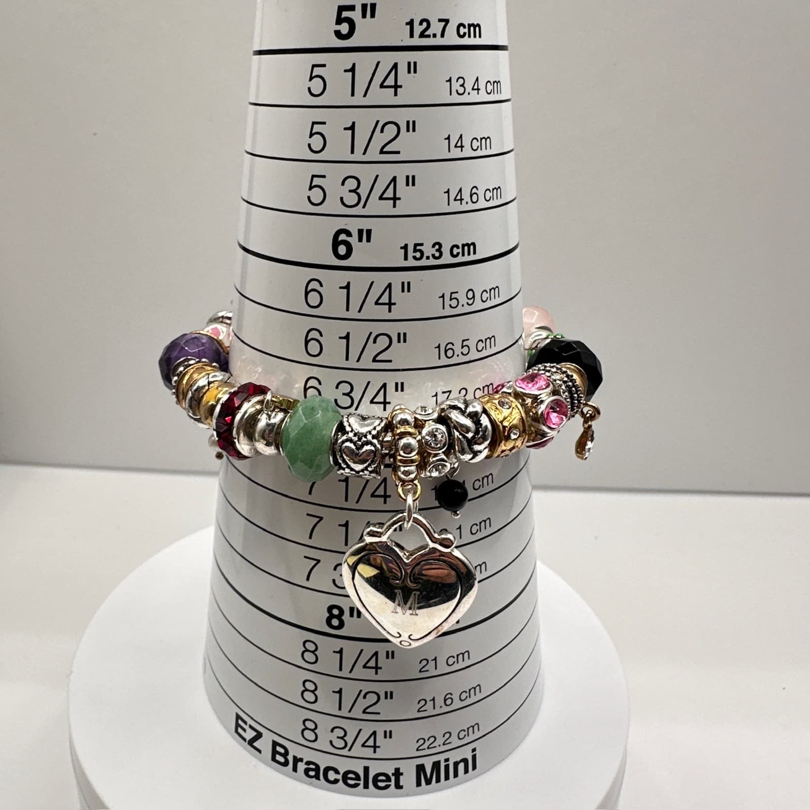 Vintage 90s Charm Bracelet Rhinestone Beads Heart Initial M Pendant Silver Tone - Thumbnail 13