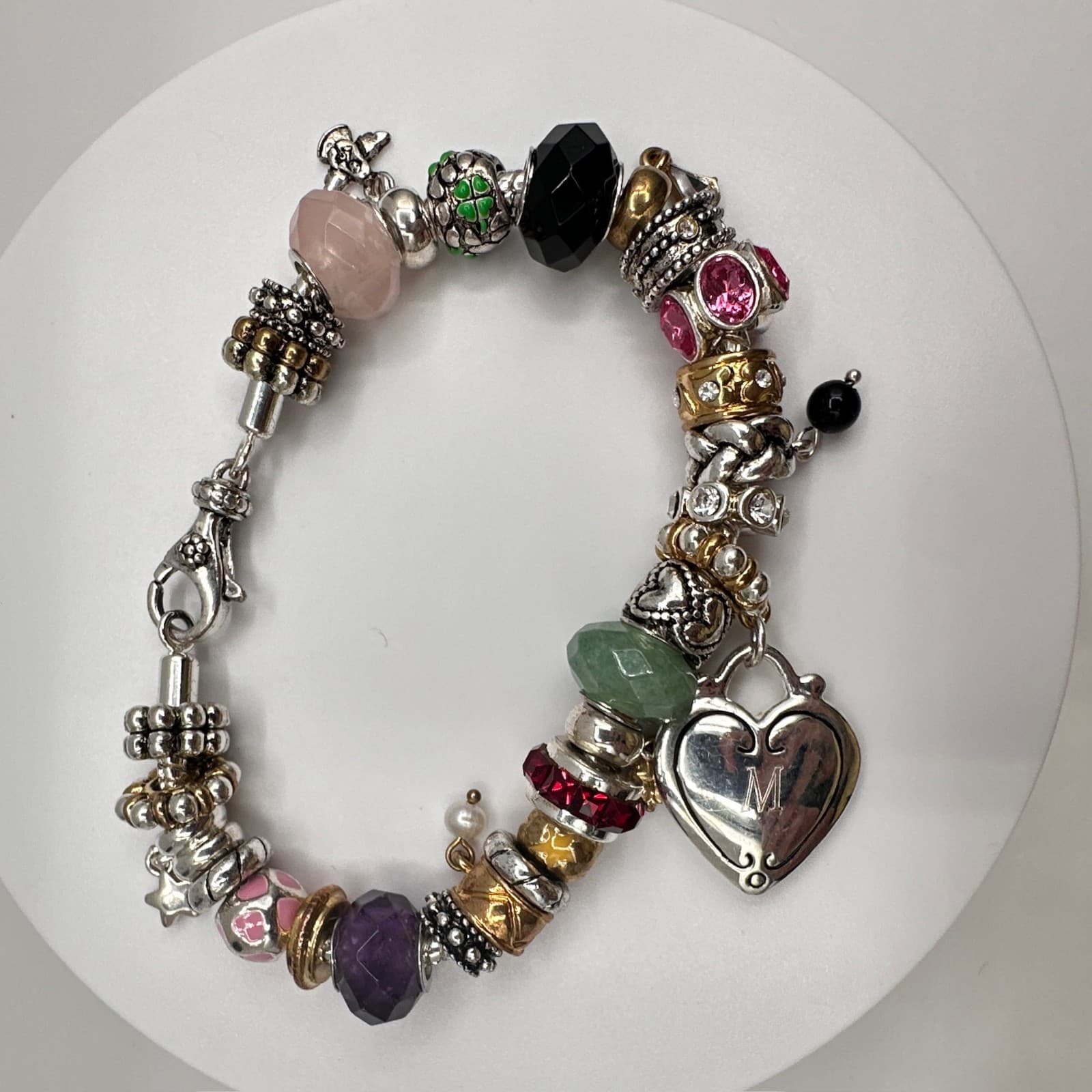 Vintage 90s Charm Bracelet Rhinestone Beads Heart Initial M Pendant Silver Tone - Thumbnail 11