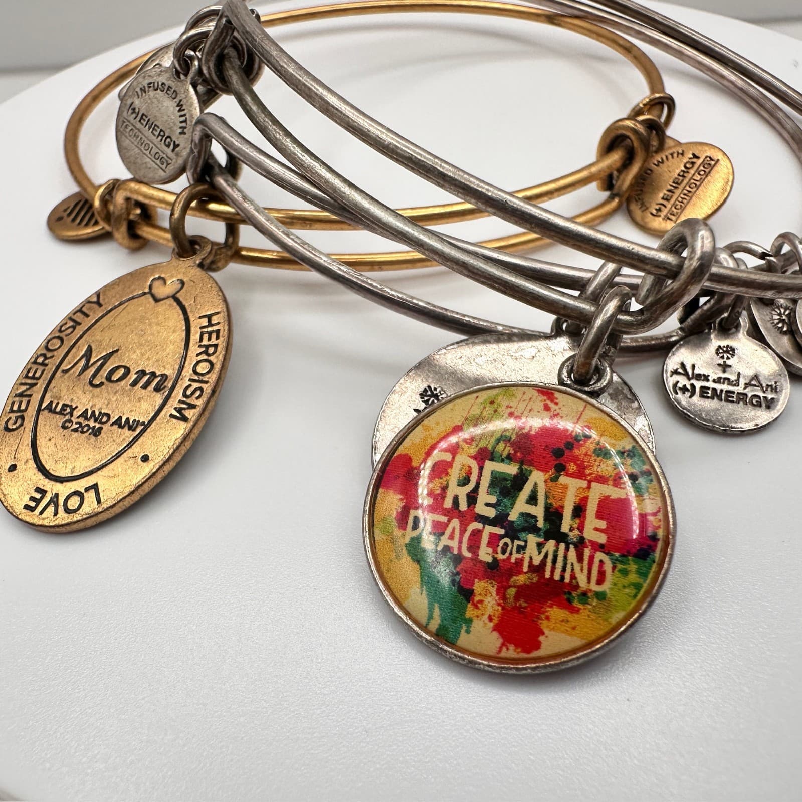 Vintage 90s Alex and Ani Bangle Bracelet Set Mom Peace of Mind Silver &Gold Tone - Thumbnail 2