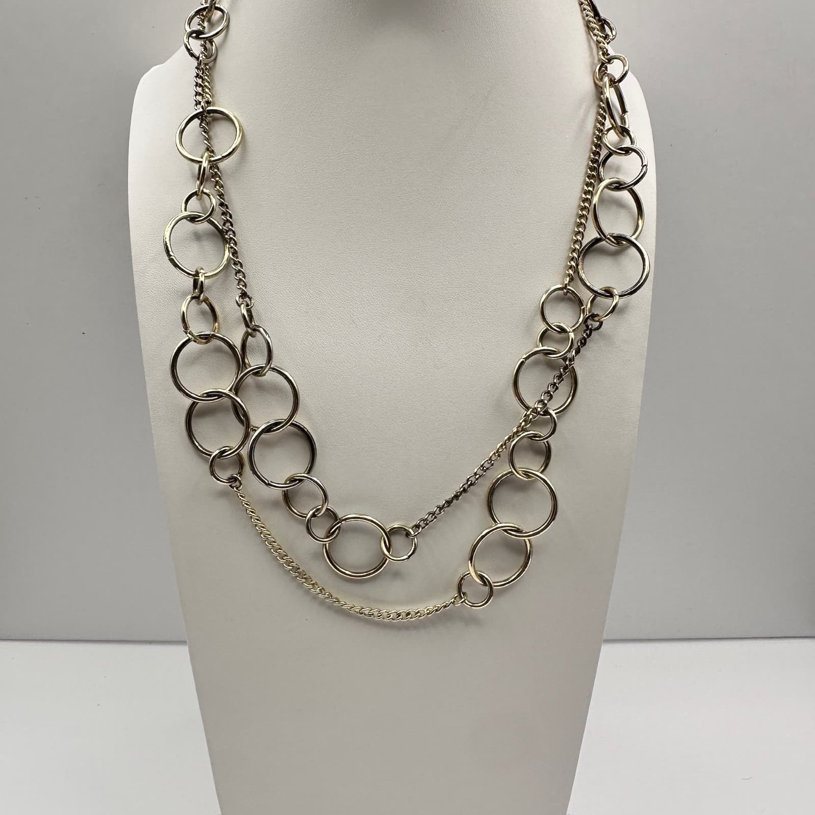 Vintage 90s Jewelry Multi Layer Circle Link Statement Necklace Gold Tone Chain - Thumbnail 9