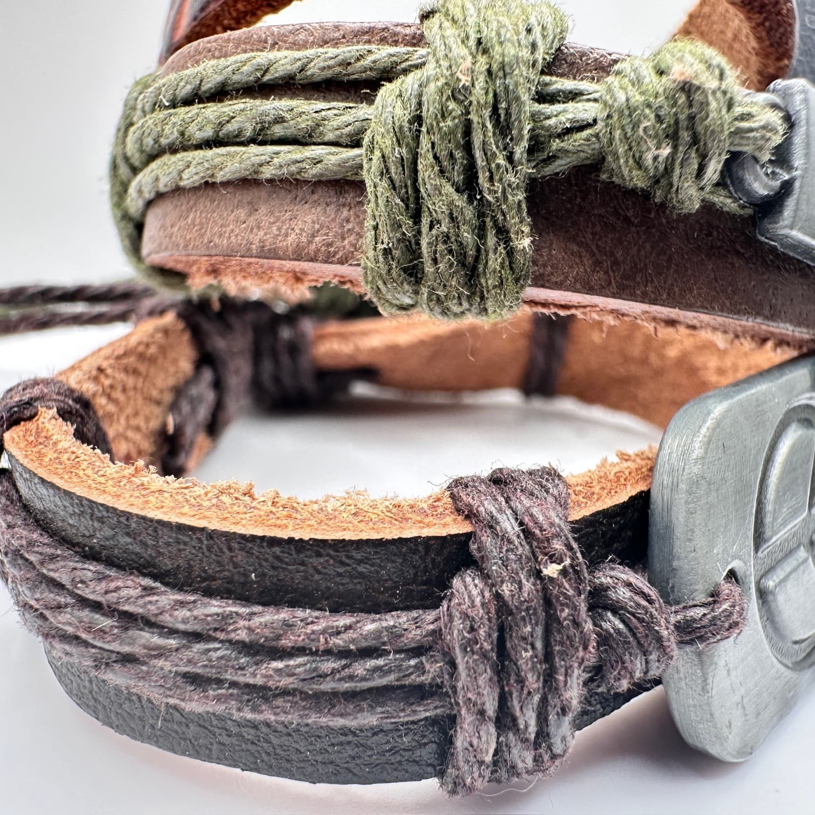 Vintage 90s Brown Leather Wrap Bracelet Set Peace Cross I Am Enough Boho Jewelry - Thumbnail 8