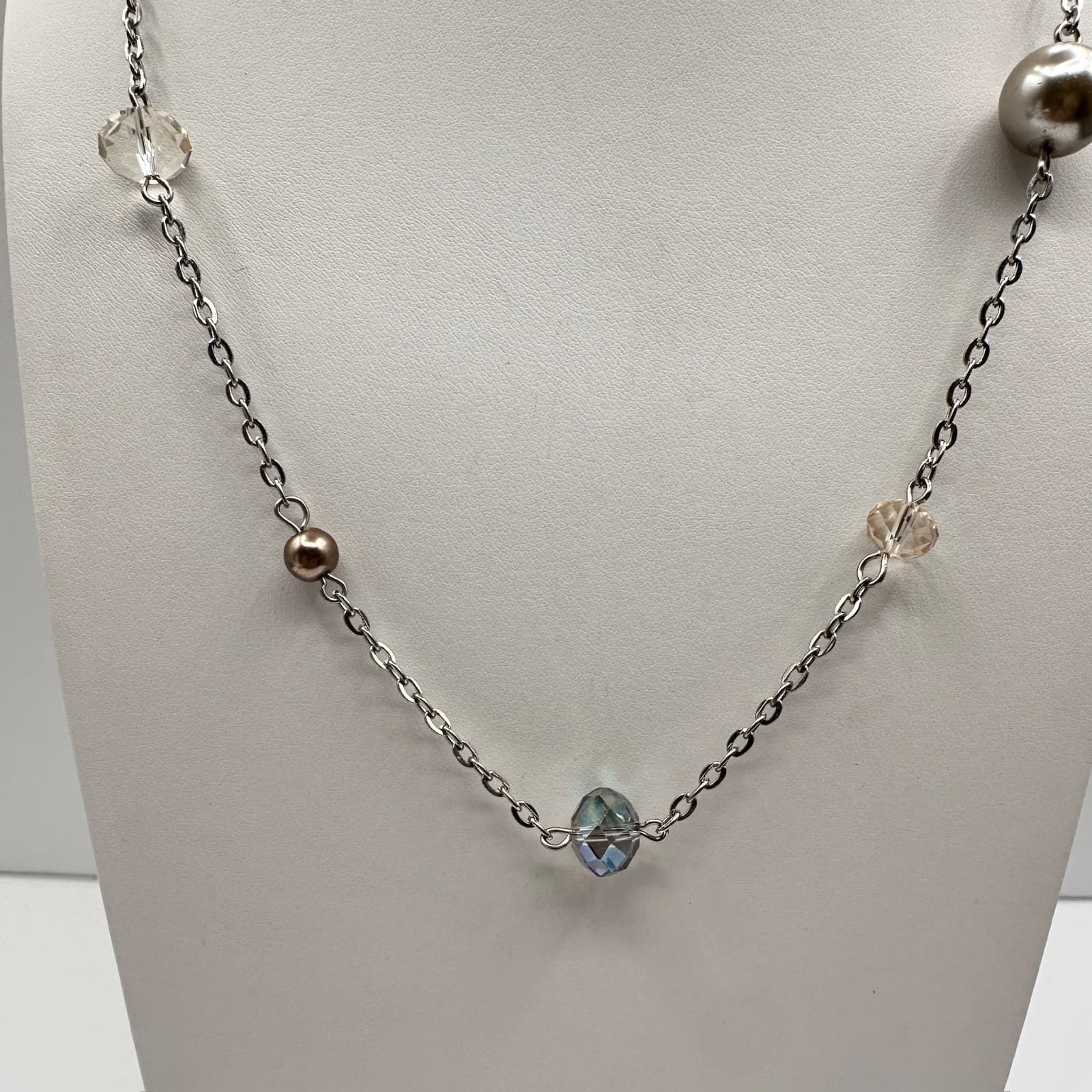 Vintage 90s Silver Tone Faux Pearl & Glass Station Necklace Boho Women's Jewelry - Thumbnail 2