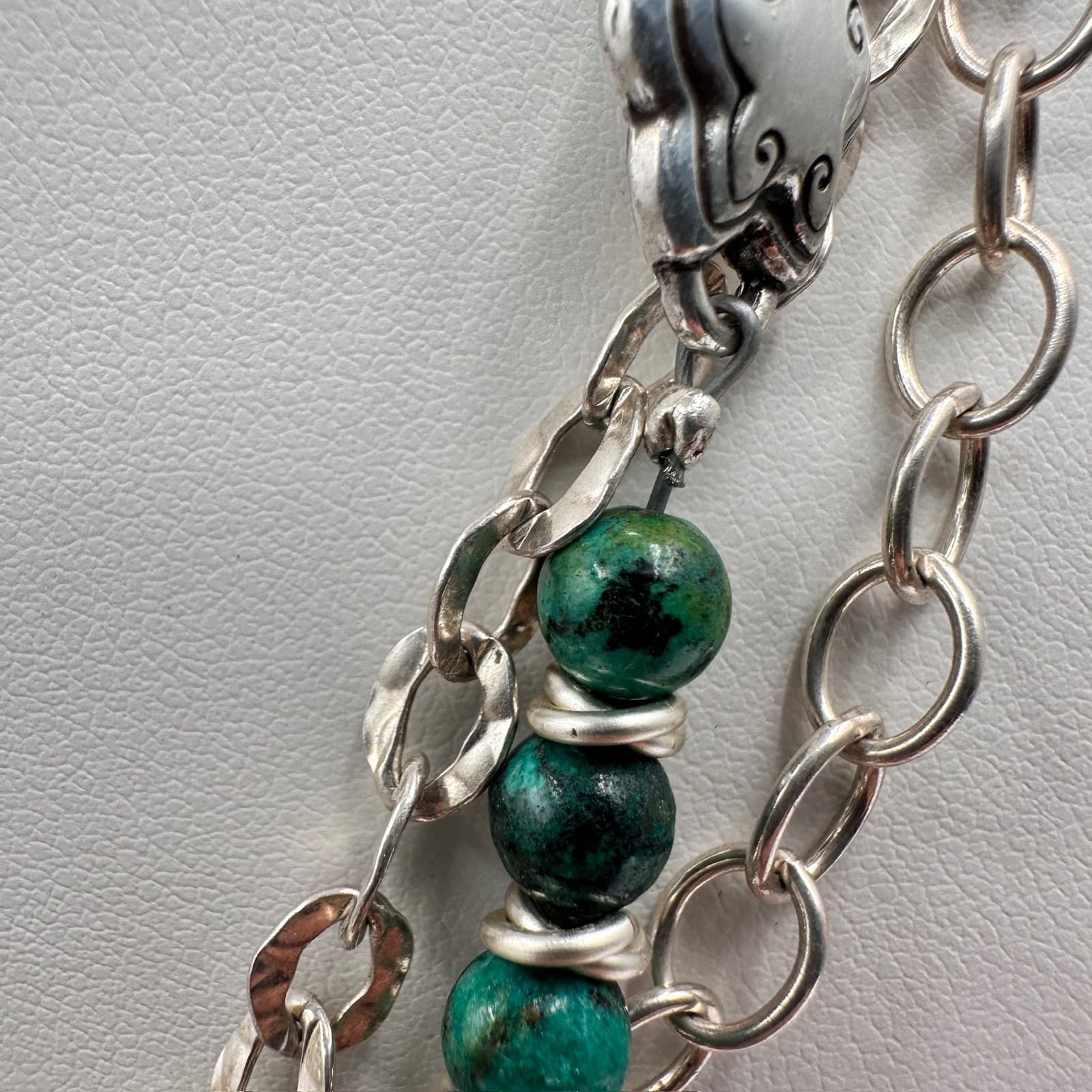 Vintage 90s Silver Tone Green Turquoise Bead Layered Chain Necklace Jewelry - Thumbnail 9