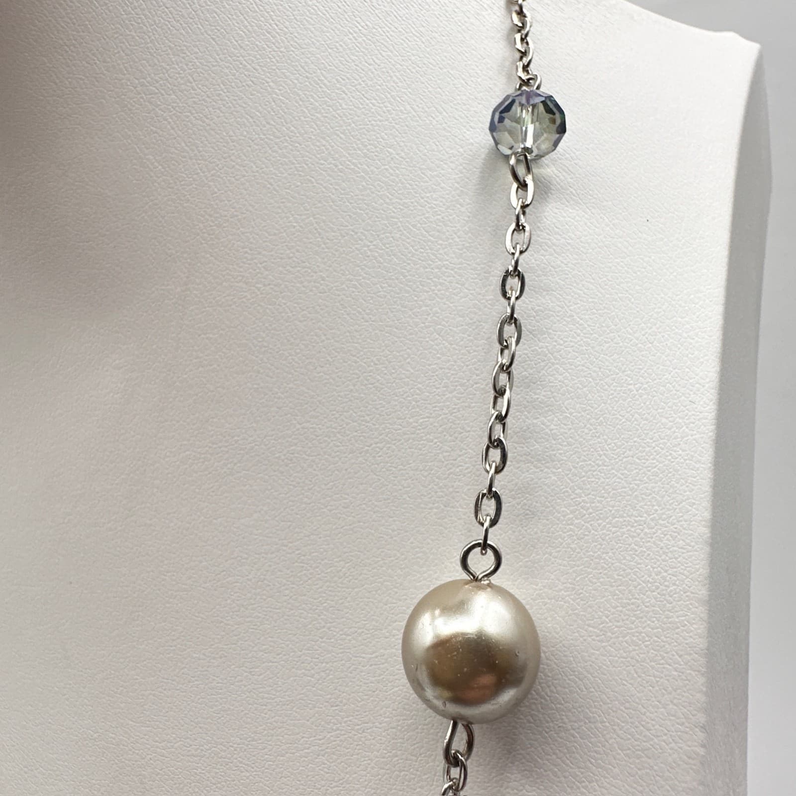 Vintage 90s Silver Tone Faux Pearl & Glass Station Necklace Boho Women's Jewelry - Thumbnail 10