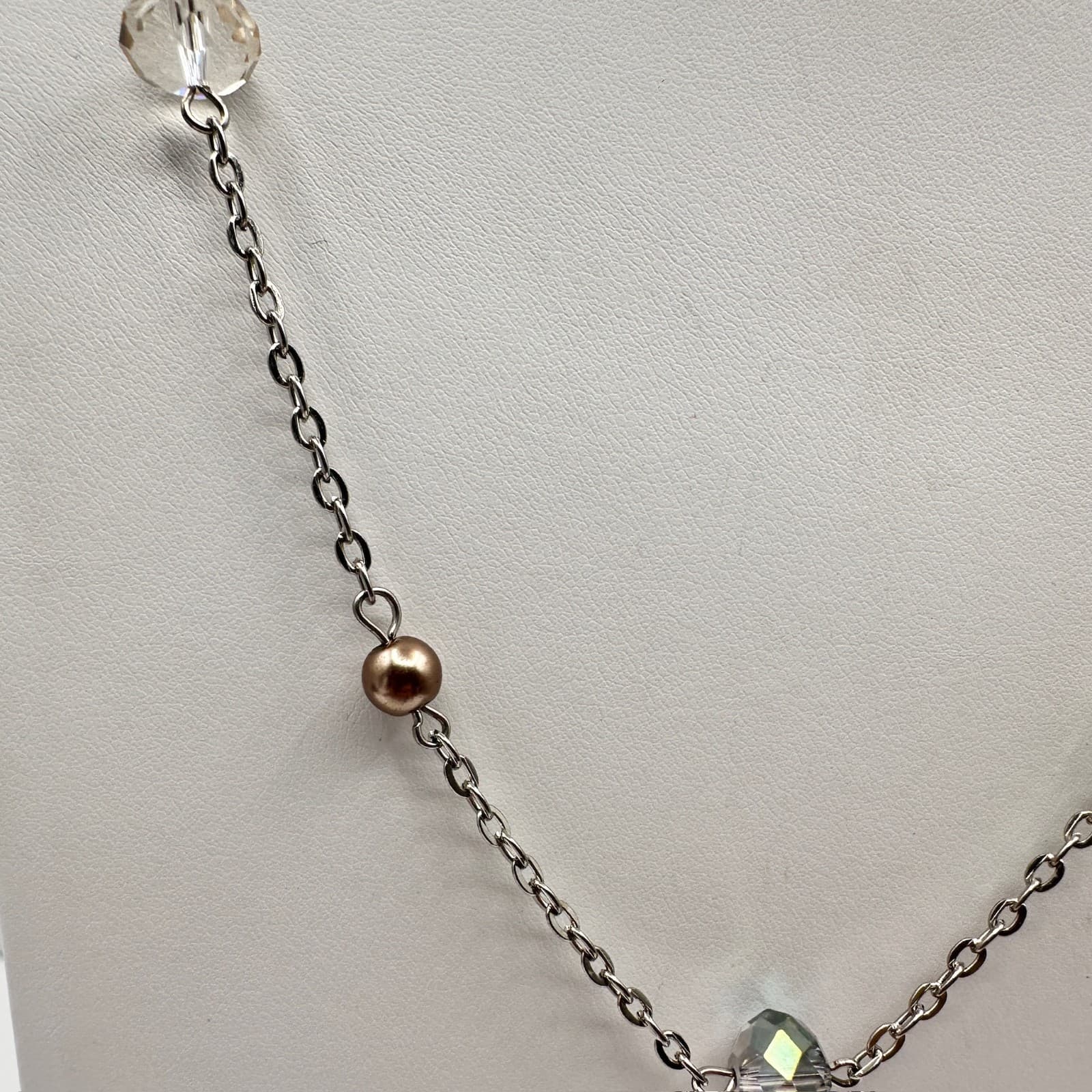 Vintage 90s Silver Tone Faux Pearl & Glass Station Necklace Boho Women's Jewelry - Thumbnail 3