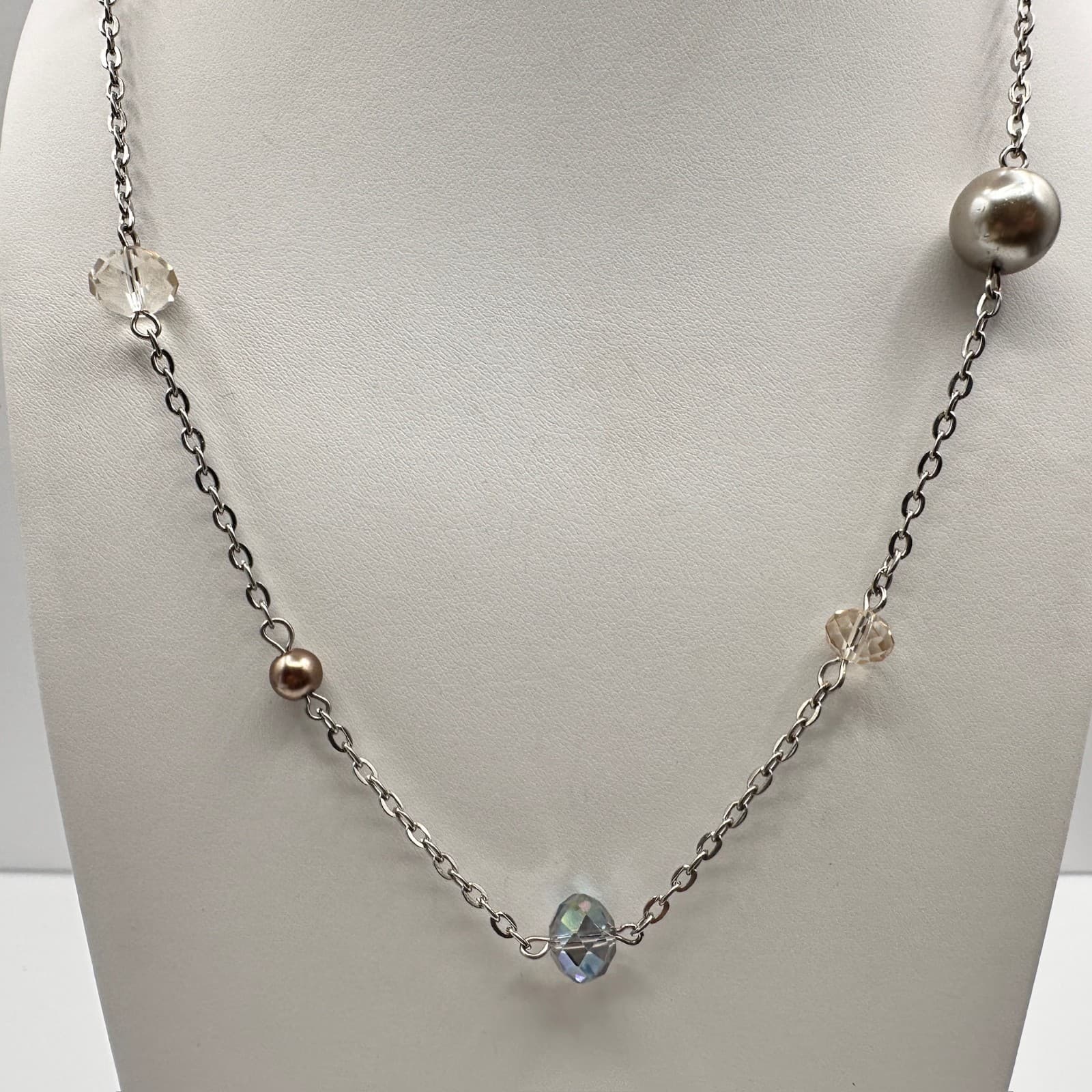 Vintage 90s Silver Tone Faux Pearl & Glass Station Necklace Boho Women's Jewelry - Thumbnail 7