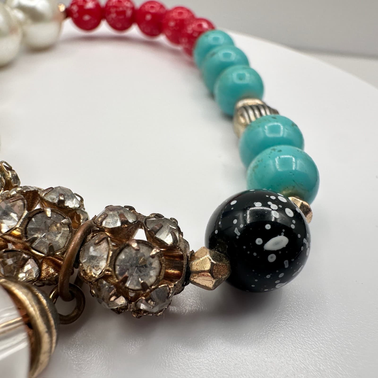 Vintage 90s Charm Stretch Bracelet Turquoise Red Beads Pearl Thunderbird Bird - Thumbnail 10