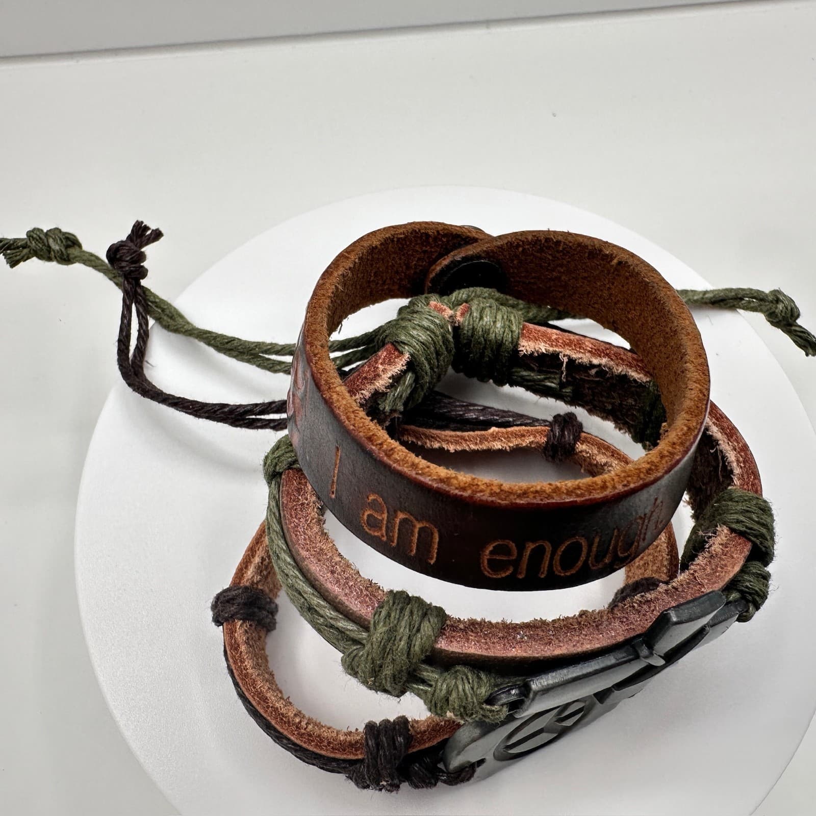 Vintage 90s Brown Leather Wrap Bracelet Set Peace Cross I Am Enough Boho Jewelry - Thumbnail 9