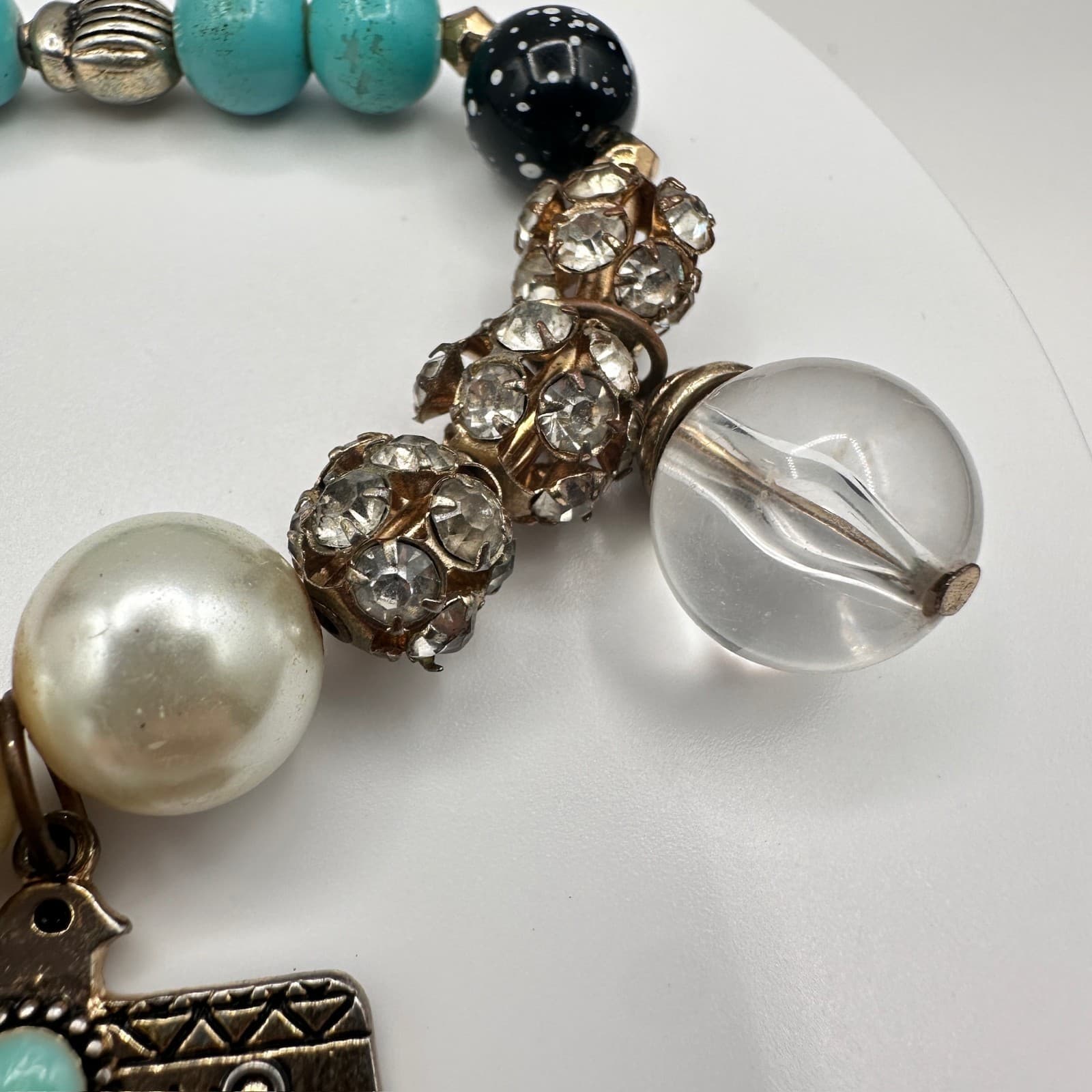 Vintage 90s Charm Stretch Bracelet Turquoise Red Beads Pearl Thunderbird Bird - Thumbnail 5