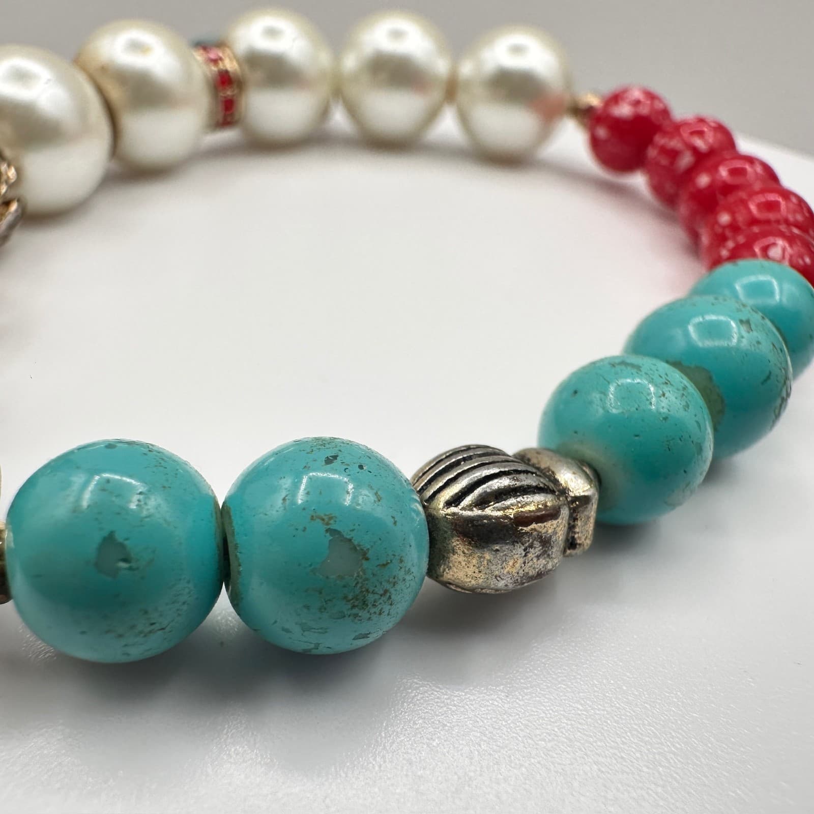 Vintage 90s Charm Stretch Bracelet Turquoise Red Beads Pearl Thunderbird Bird - Thumbnail 11