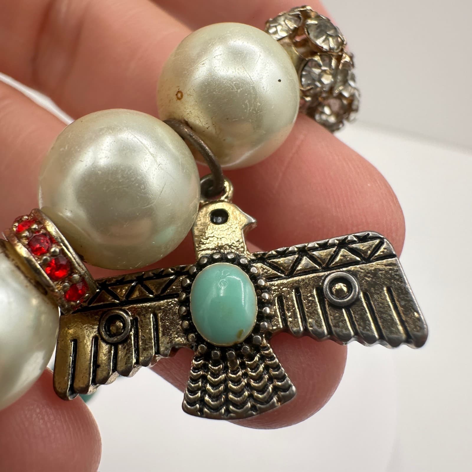 Vintage 90s Charm Stretch Bracelet Turquoise Red Beads Pearl Thunderbird Bird - Thumbnail 12