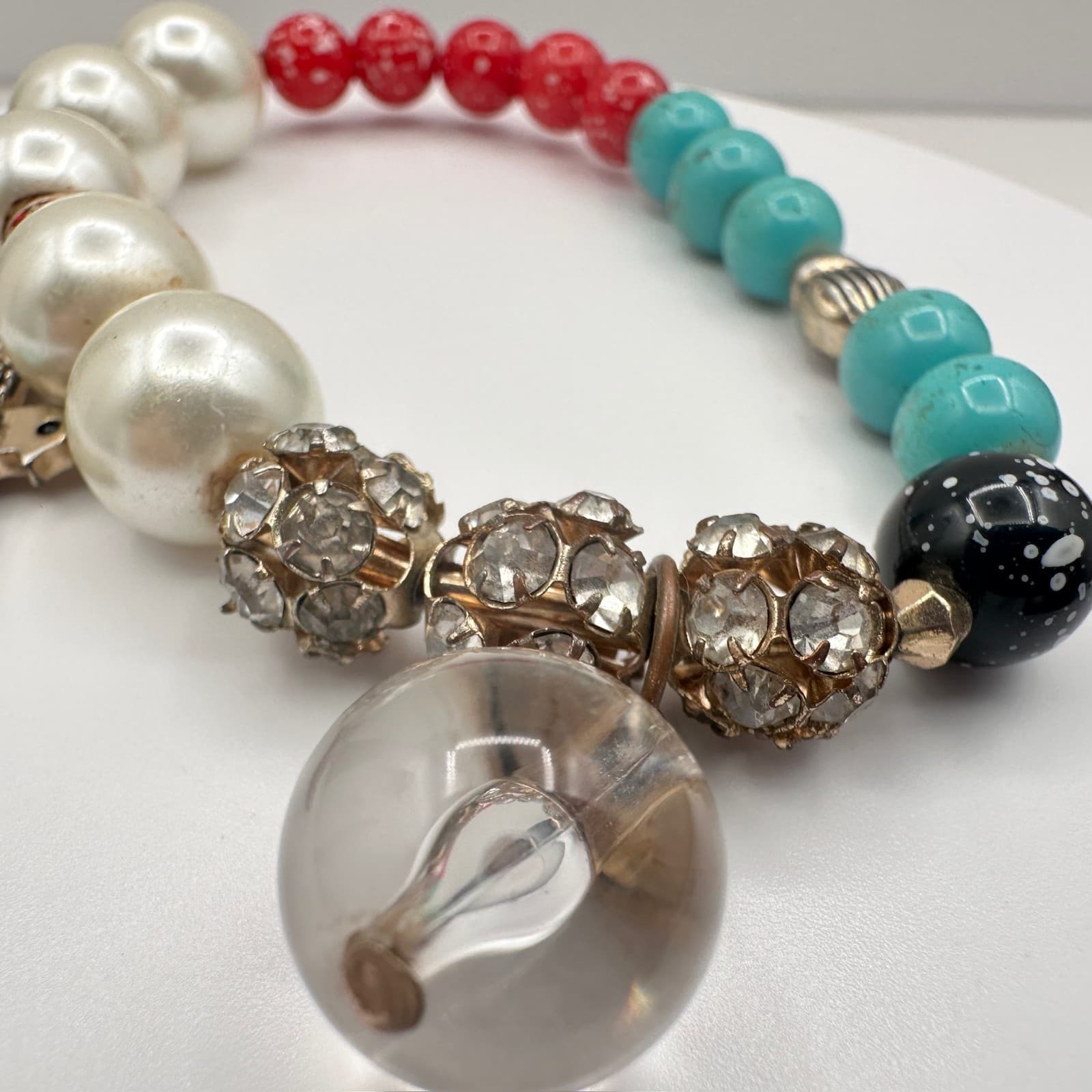 Vintage 90s Charm Stretch Bracelet Turquoise Red Beads Pearl Thunderbird Bird - Thumbnail 8