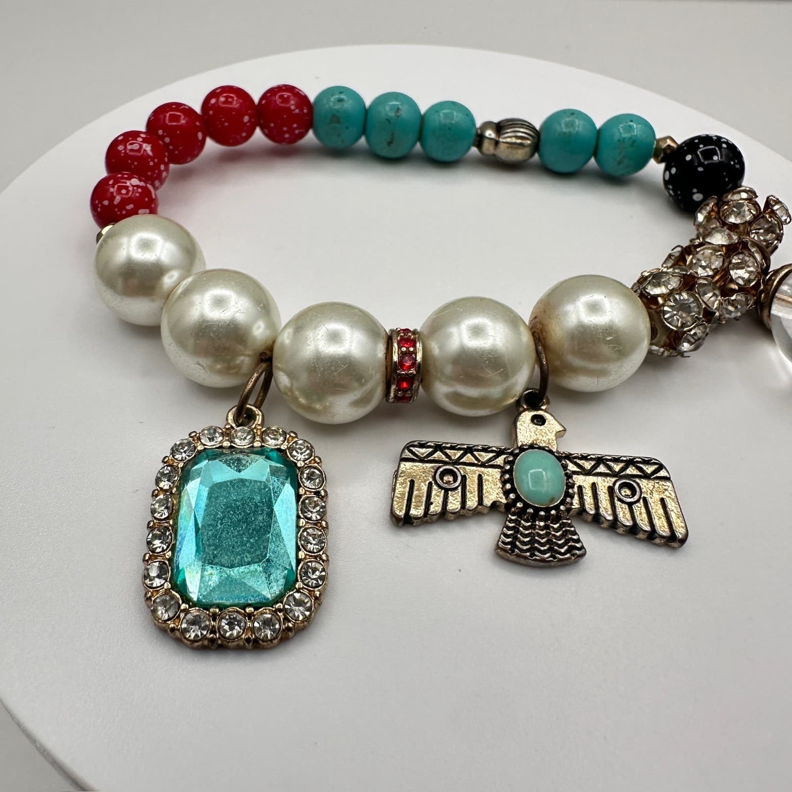 Vintage 90s Charm Stretch Bracelet Turquoise Red Beads Pearl Thunderbird Bird - Thumbnail 2