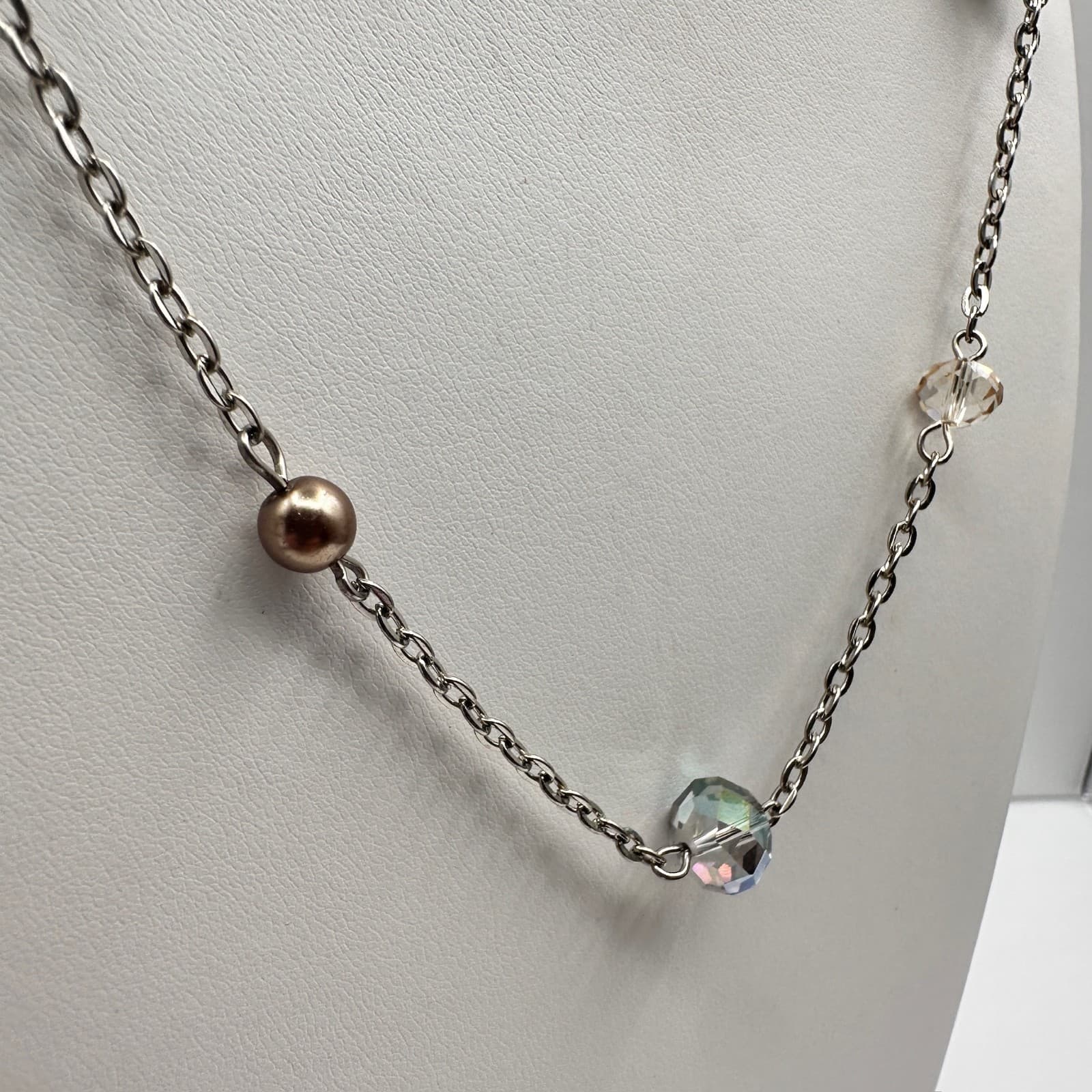 Vintage 90s Silver Tone Faux Pearl & Glass Station Necklace Boho Women's Jewelry - Thumbnail 5