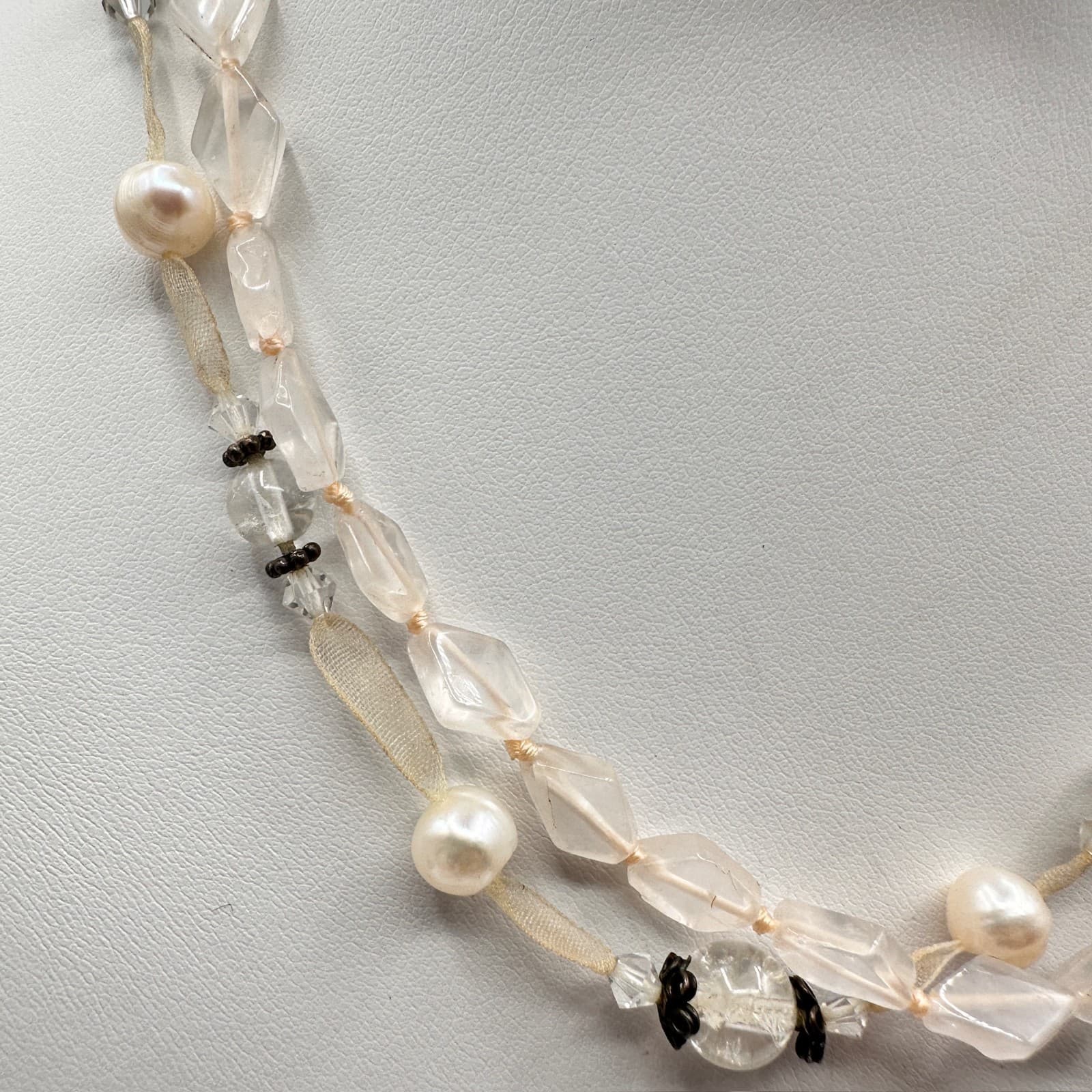 Vintage 90s Rose Quartz & Pearl Multi-Strand Necklace Pink Boho Women's Jewelry - Thumbnail 2