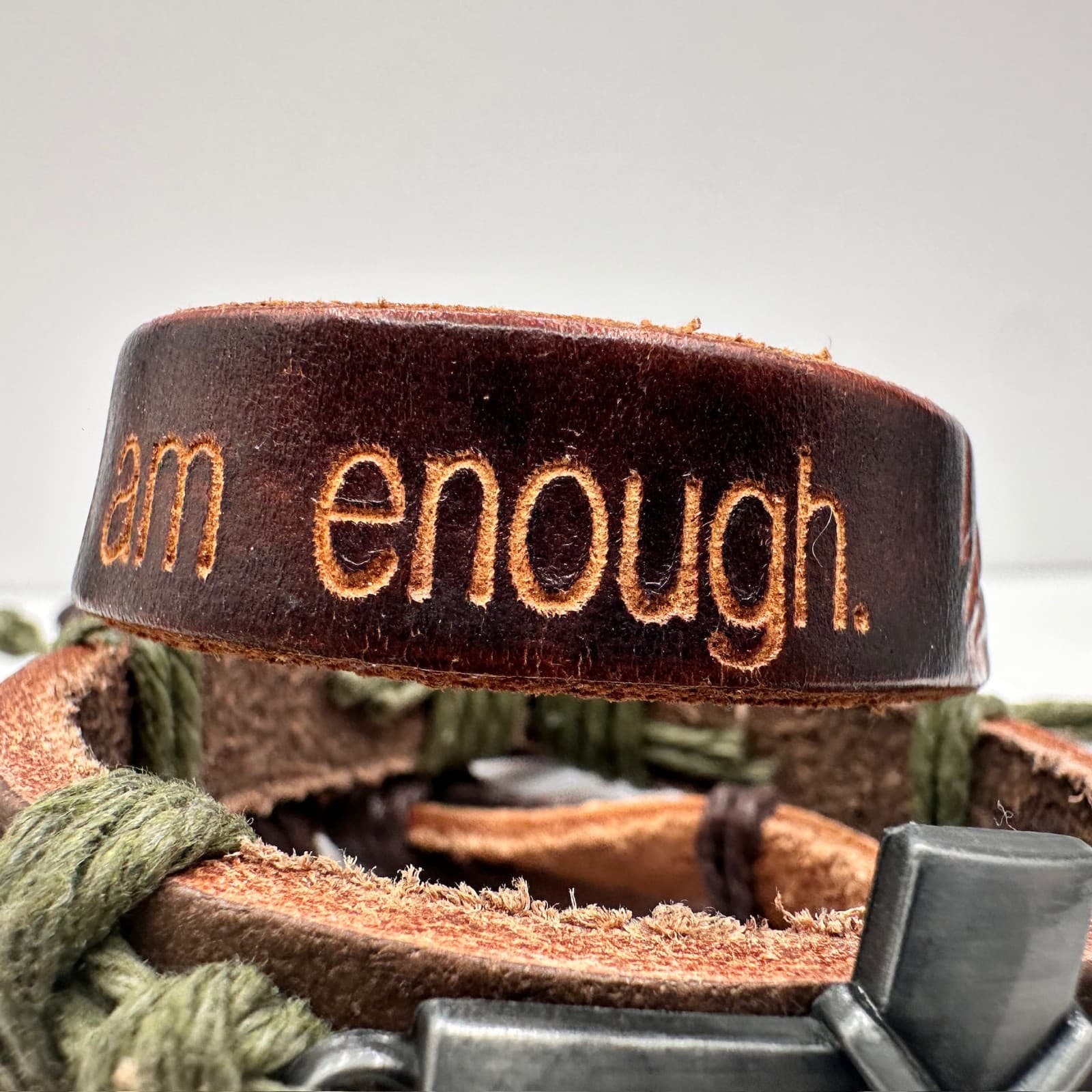 Vintage 90s Brown Leather Wrap Bracelet Set Peace Cross I Am Enough Boho Jewelry - Thumbnail 5