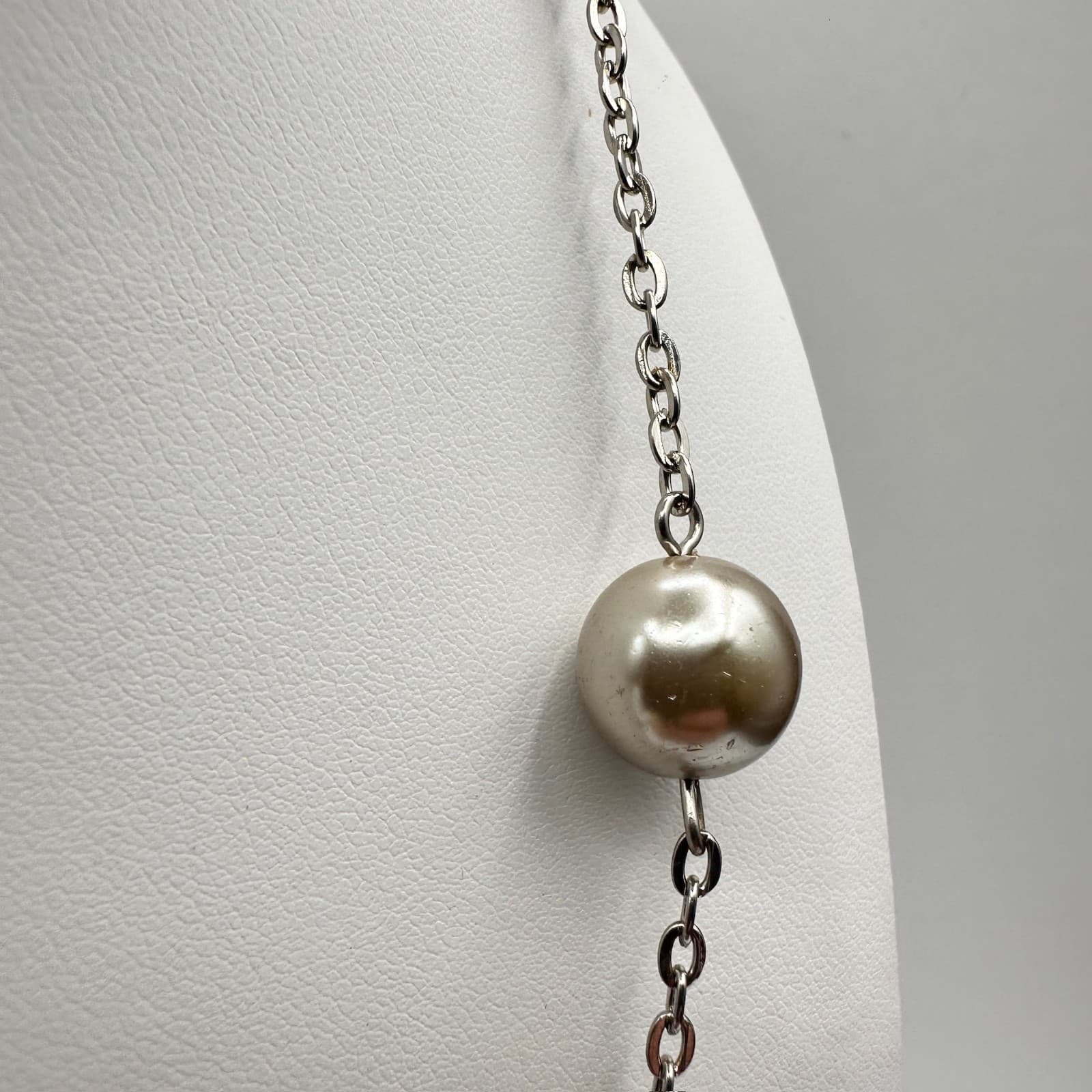 Vintage 90s Silver Tone Faux Pearl & Glass Station Necklace Boho Women's Jewelry - Thumbnail 6