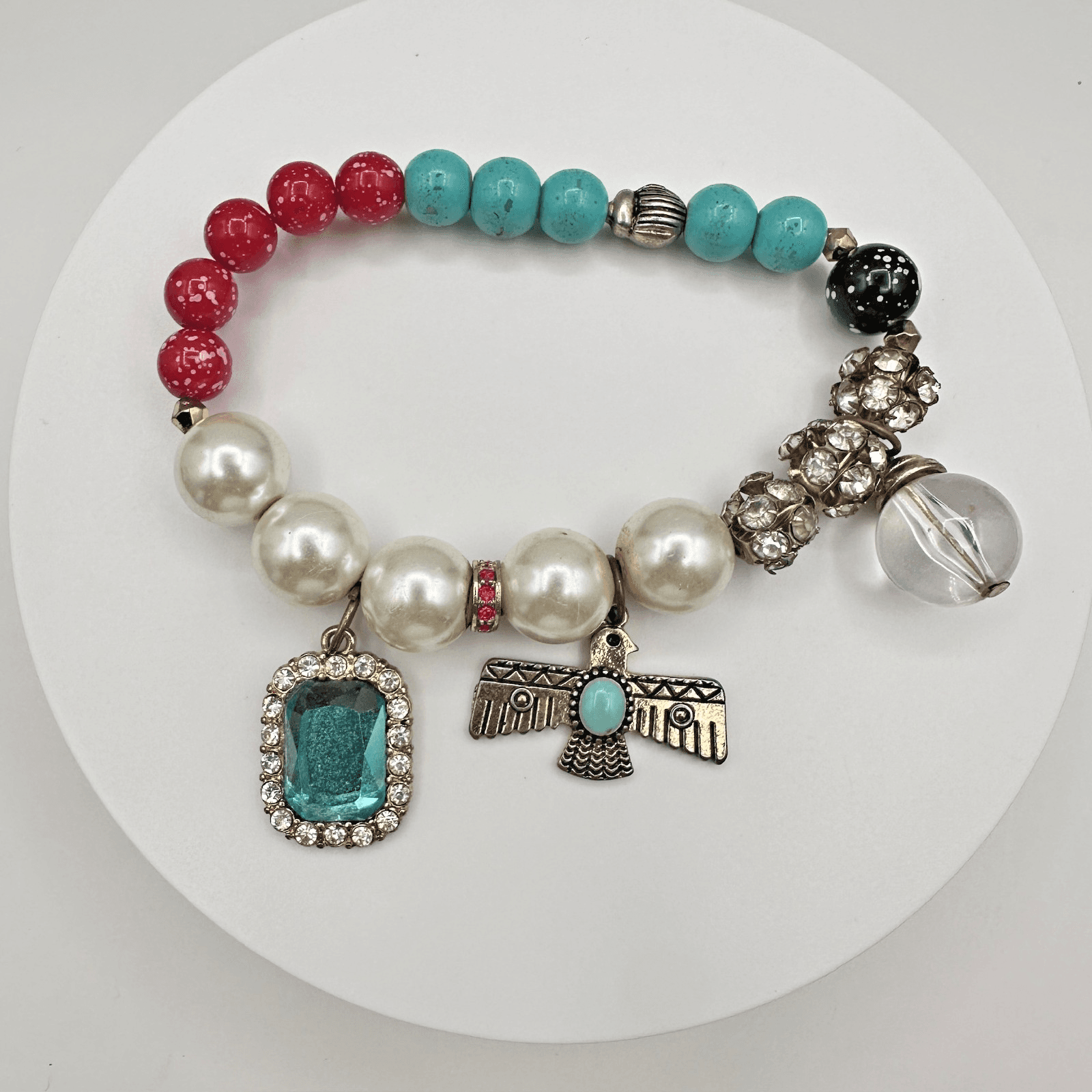 Vintage 90s Charm Stretch Bracelet Turquoise Red Beads Pearl Thunderbird Bird - Image 1