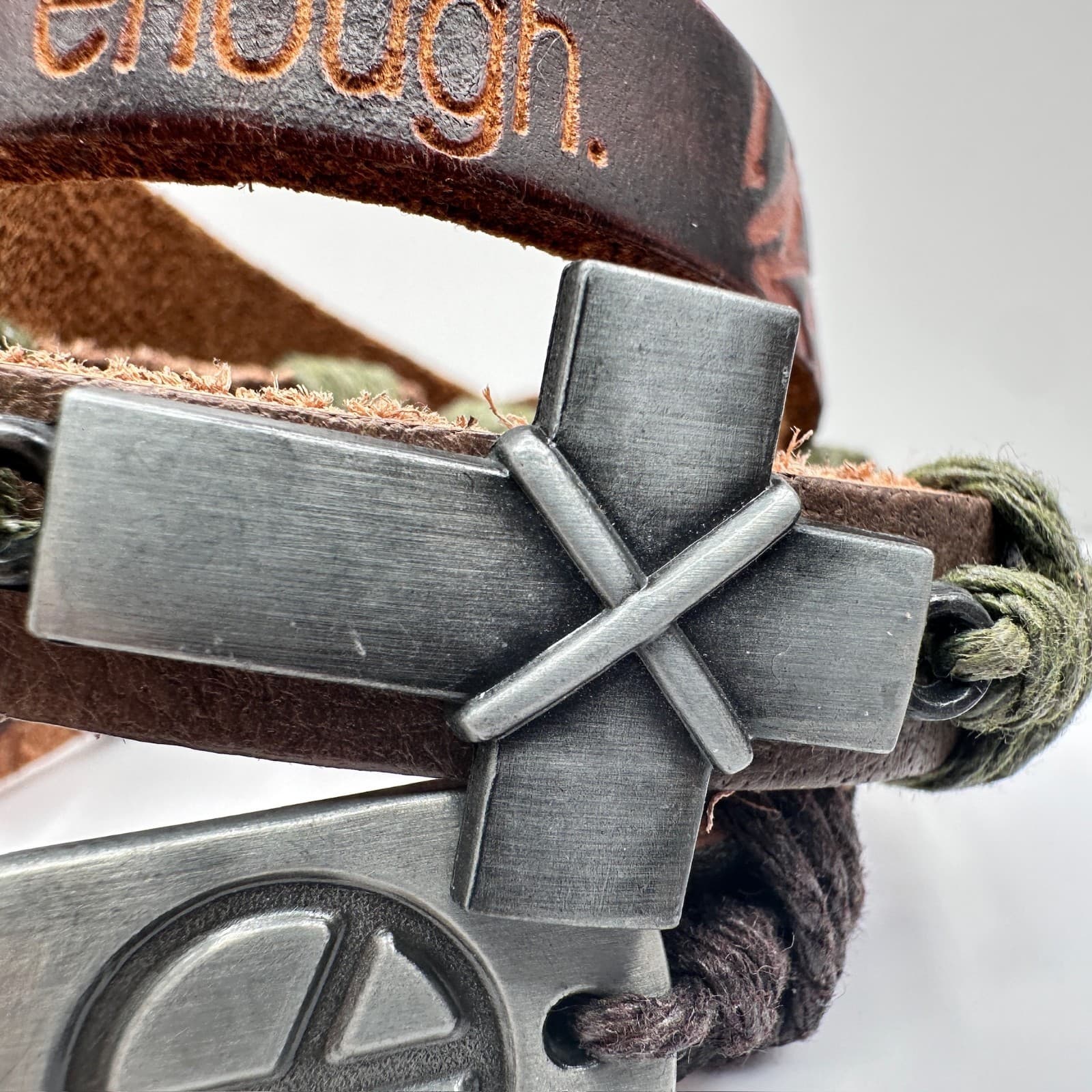Vintage 90s Brown Leather Wrap Bracelet Set Peace Cross I Am Enough Boho Jewelry - Thumbnail 4