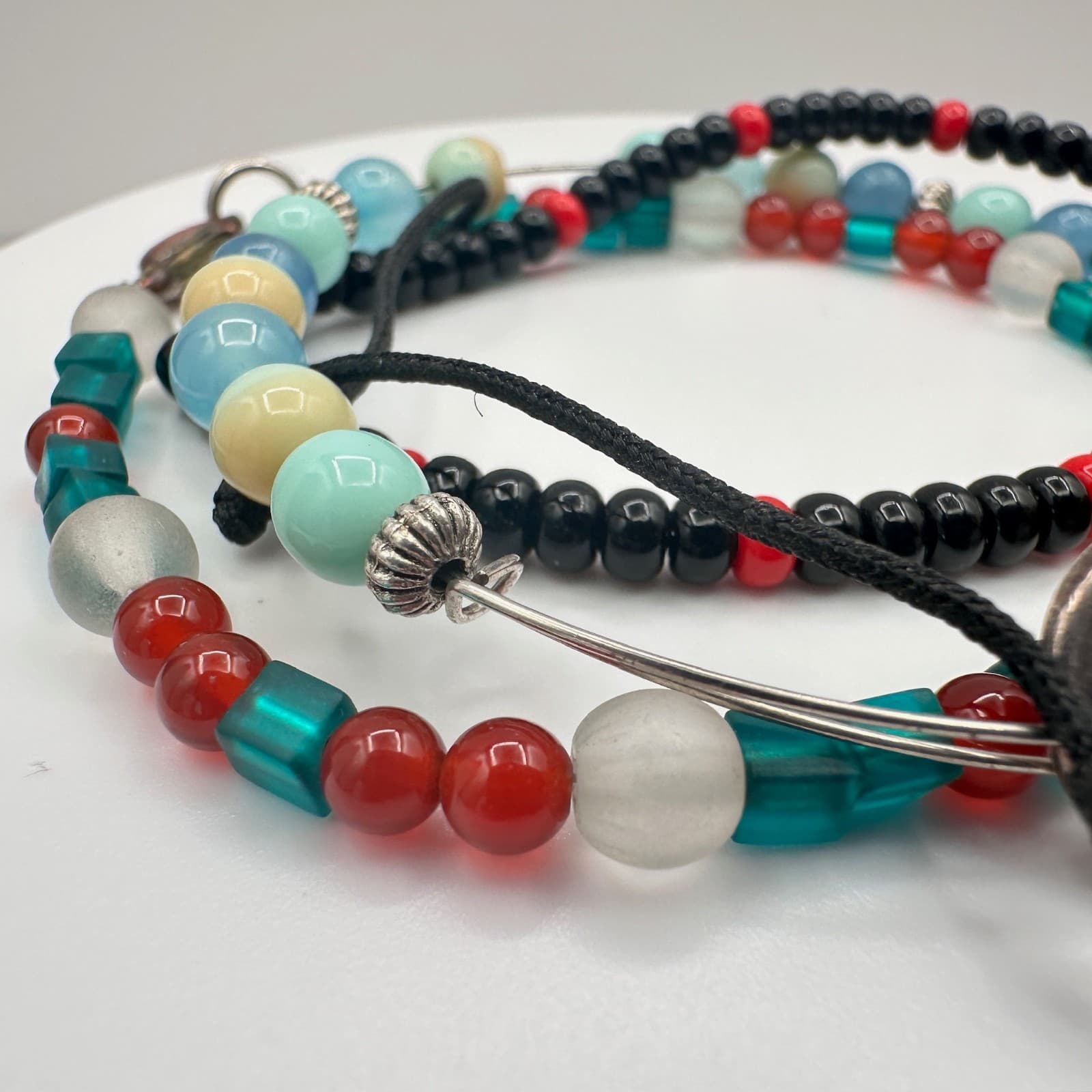 Vintage 90s Mixed Glass Bead Multi-Color Religious Bracelet Set Heart Jewelry - Thumbnail 3