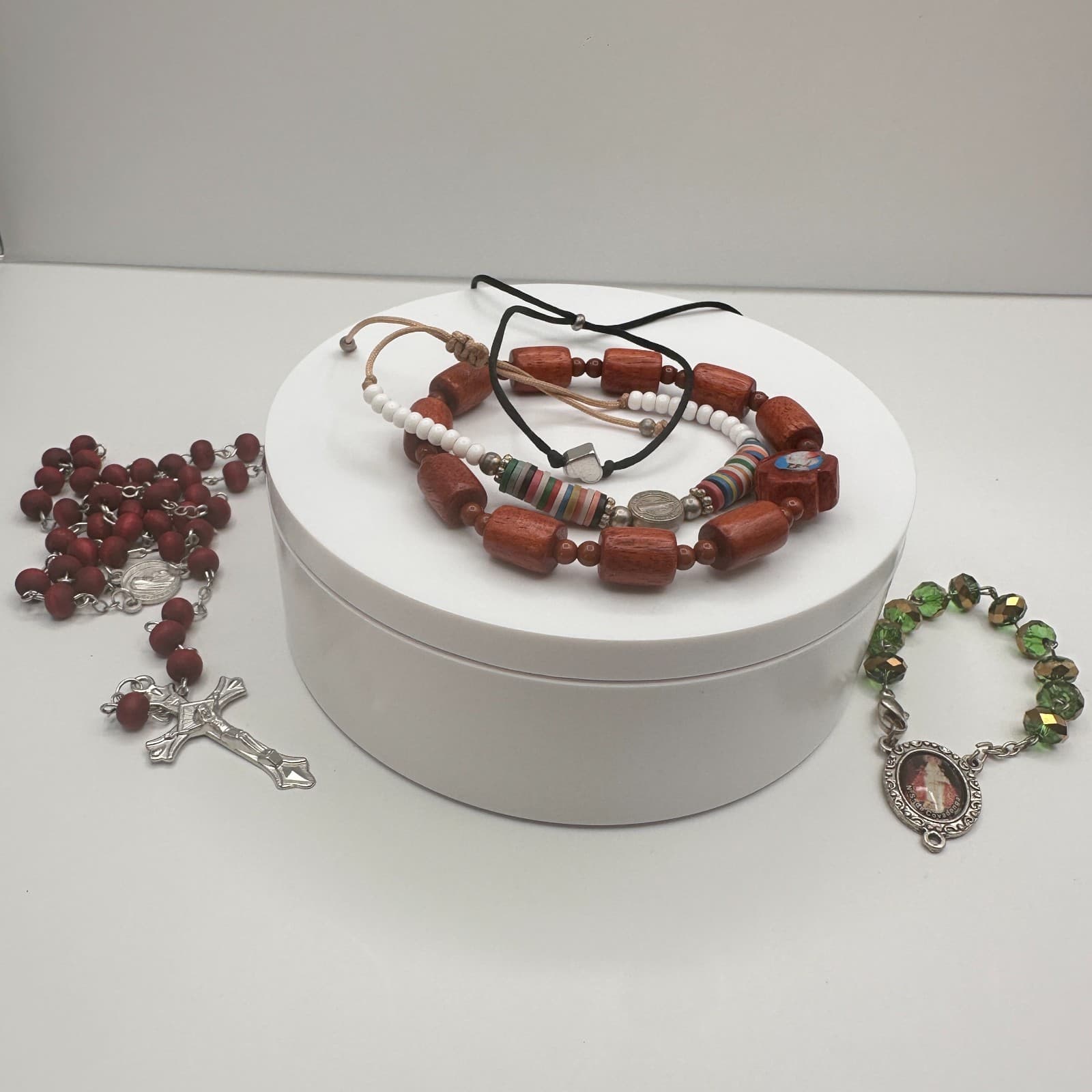 Vintage 90s Wooden Beaded Cross Necklace & Bracelets Set INRI Religious Jewelry - Thumbnail 2