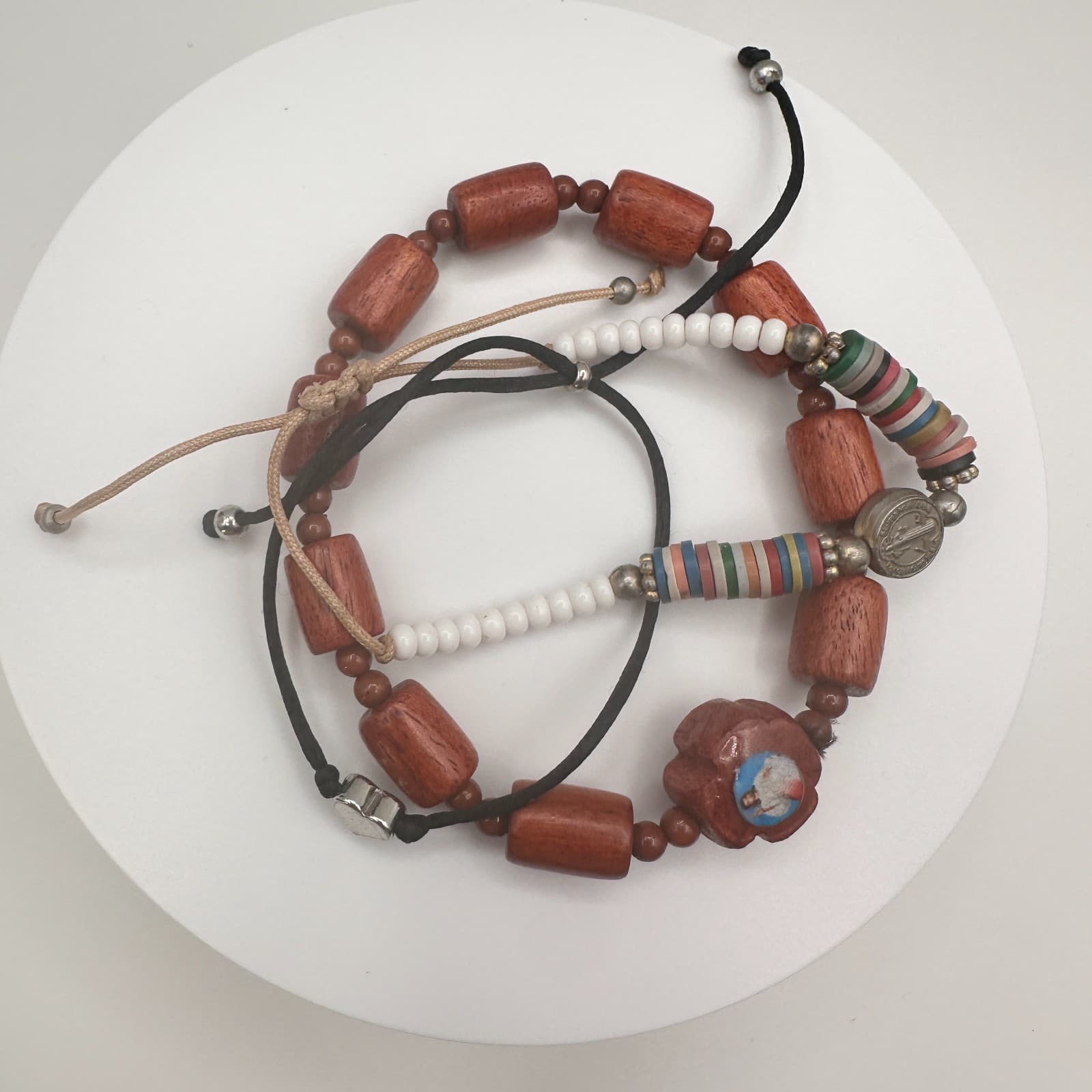 Vintage 90s Wooden Beaded Cross Necklace & Bracelets Set INRI Religious Jewelry - Thumbnail 13