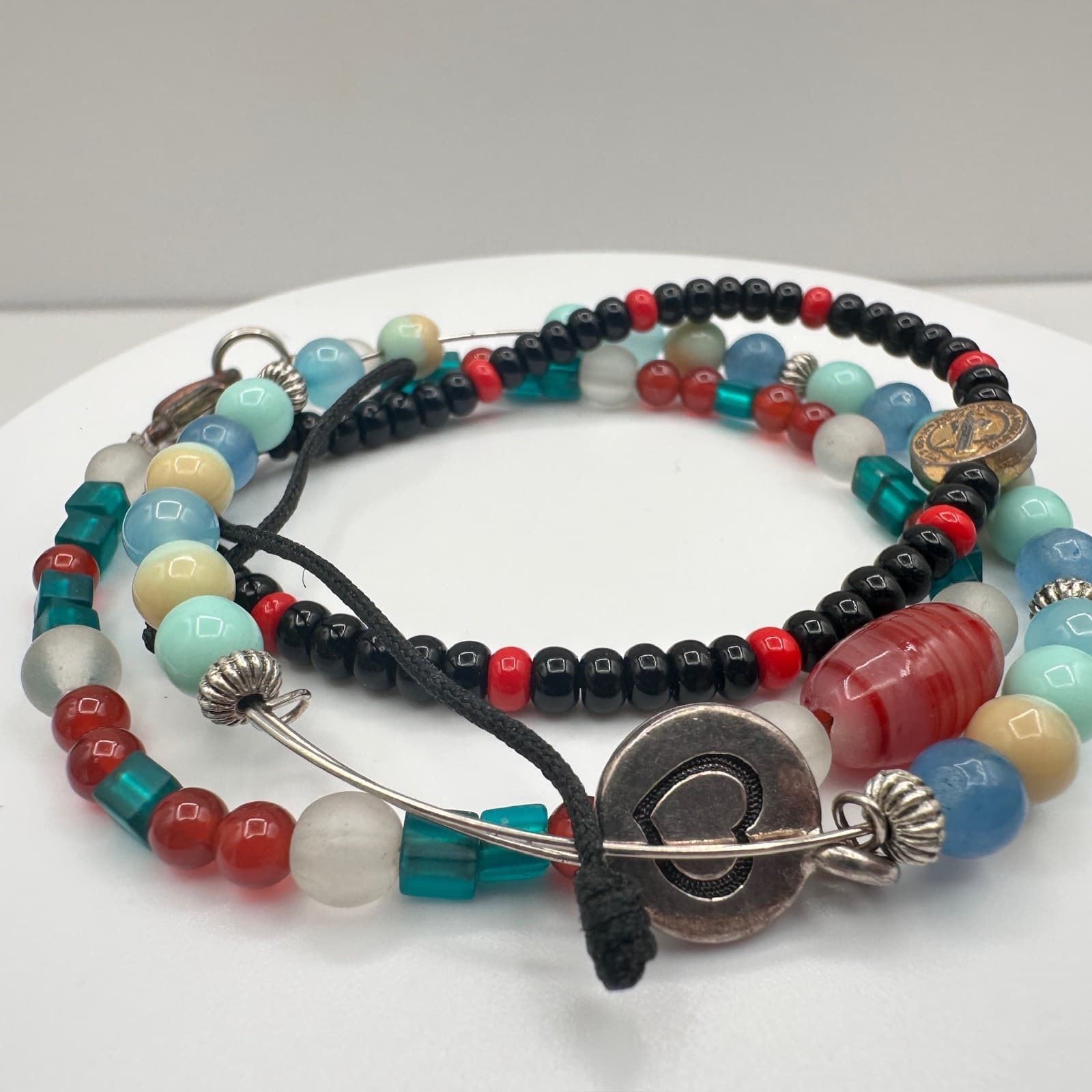 Vintage 90s Mixed Glass Bead Multi-Color Religious Bracelet Set Heart Jewelry - Thumbnail 2