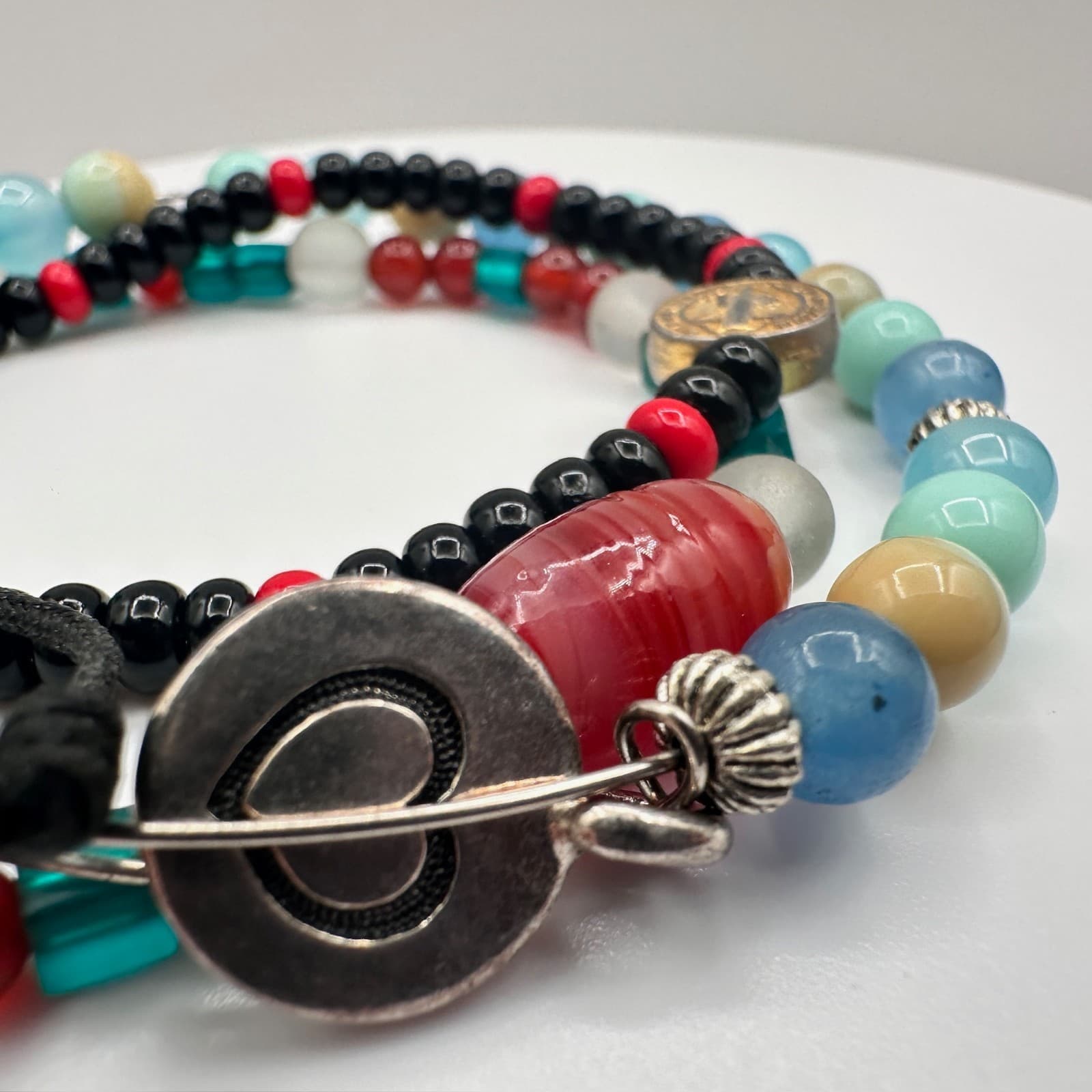 Vintage 90s Mixed Glass Bead Multi-Color Religious Bracelet Set Heart Jewelry - Thumbnail 6