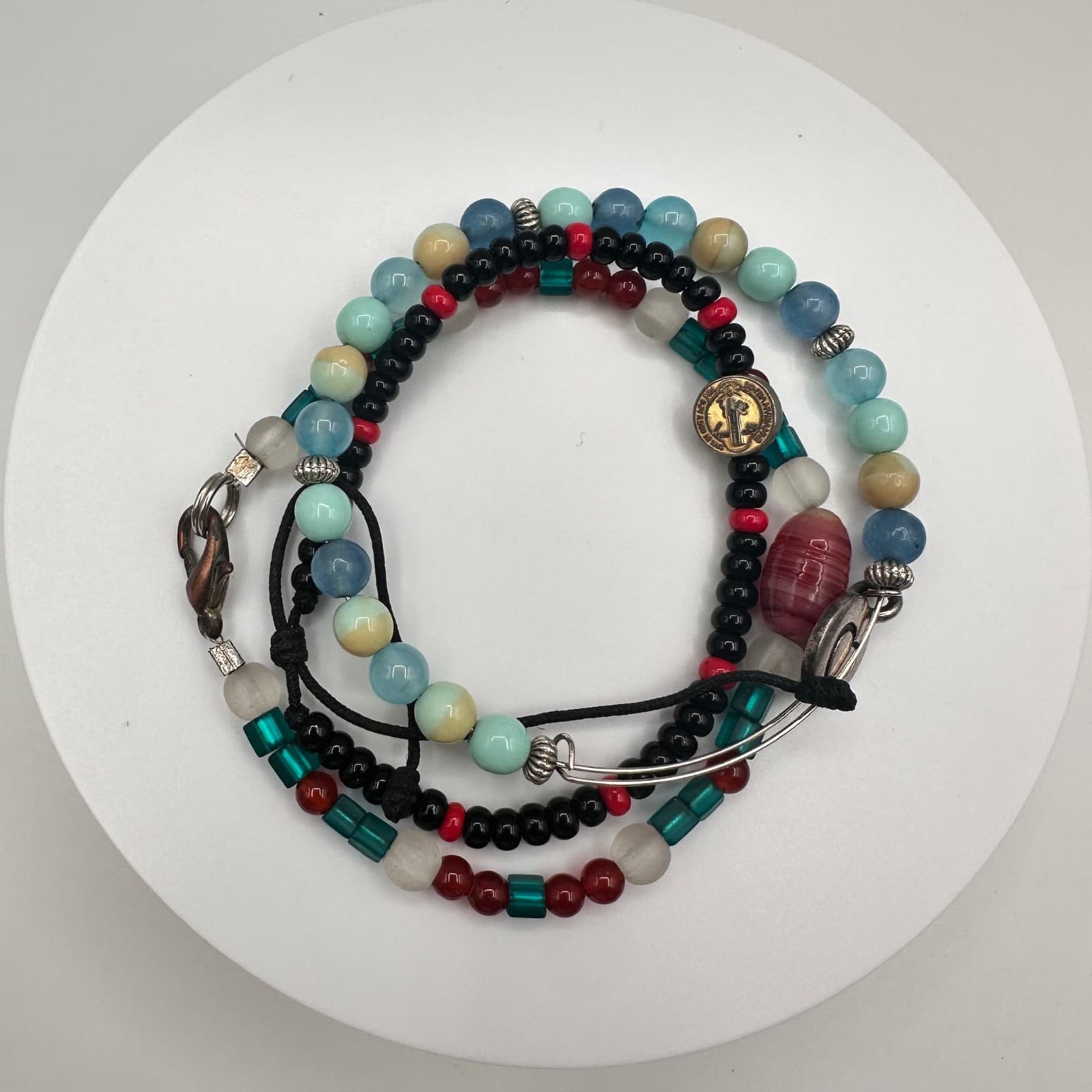 Vintage 90s Mixed Glass Bead Multi-Color Religious Bracelet Set Heart Jewelry - Thumbnail 12