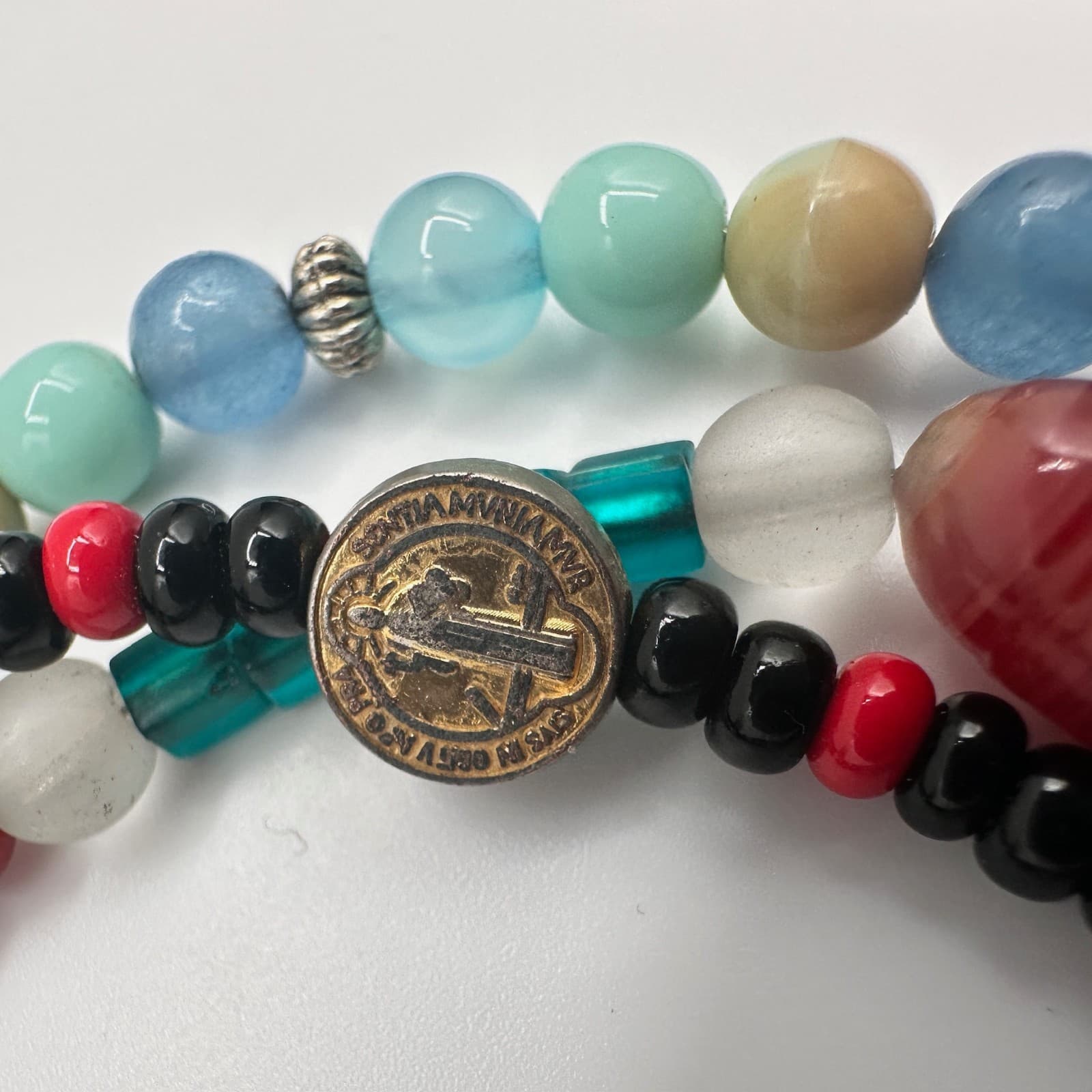 Vintage 90s Mixed Glass Bead Multi-Color Religious Bracelet Set Heart Jewelry - Thumbnail 11