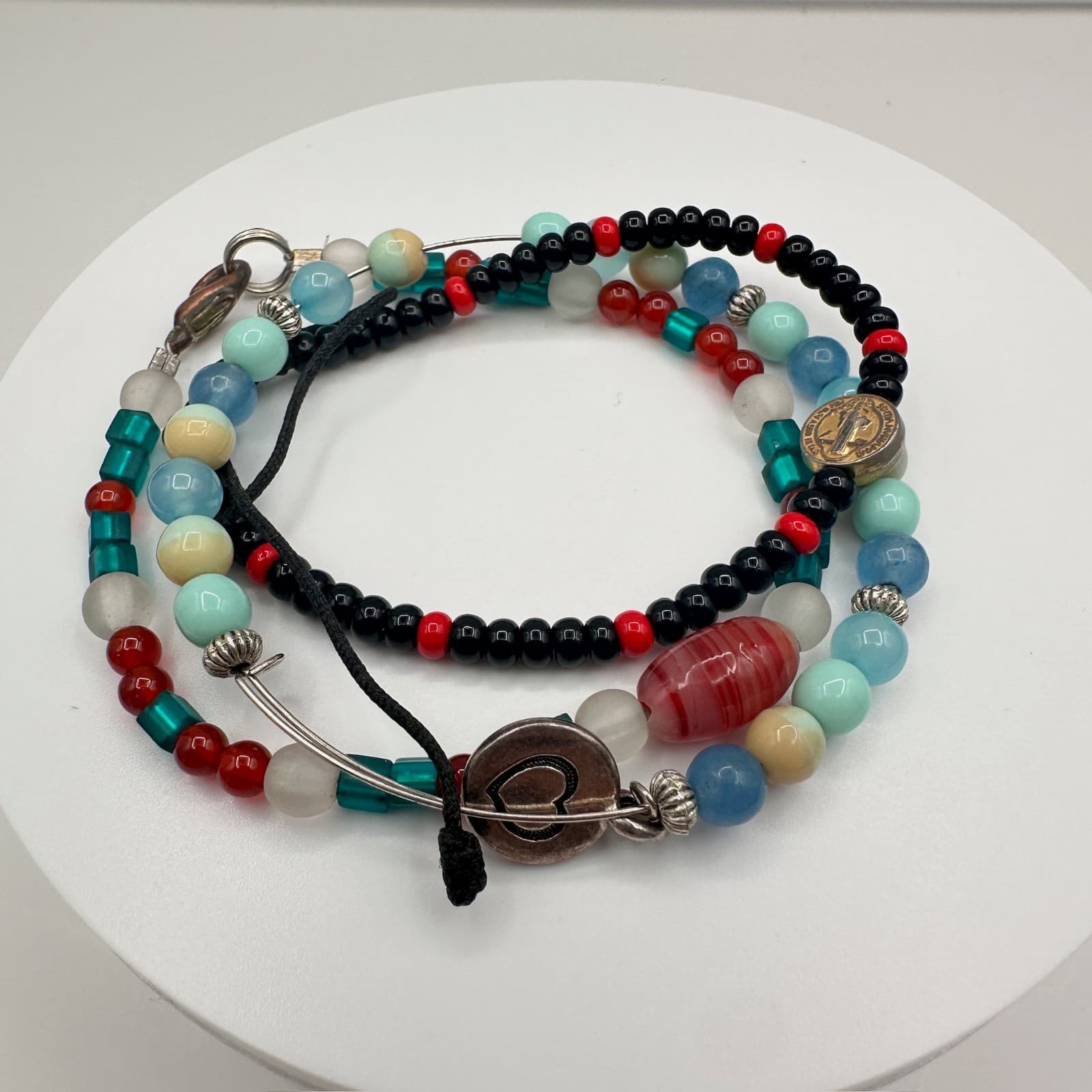 Vintage 90s Mixed Glass Bead Multi-Color Religious Bracelet Set Heart Jewelry - Image 1