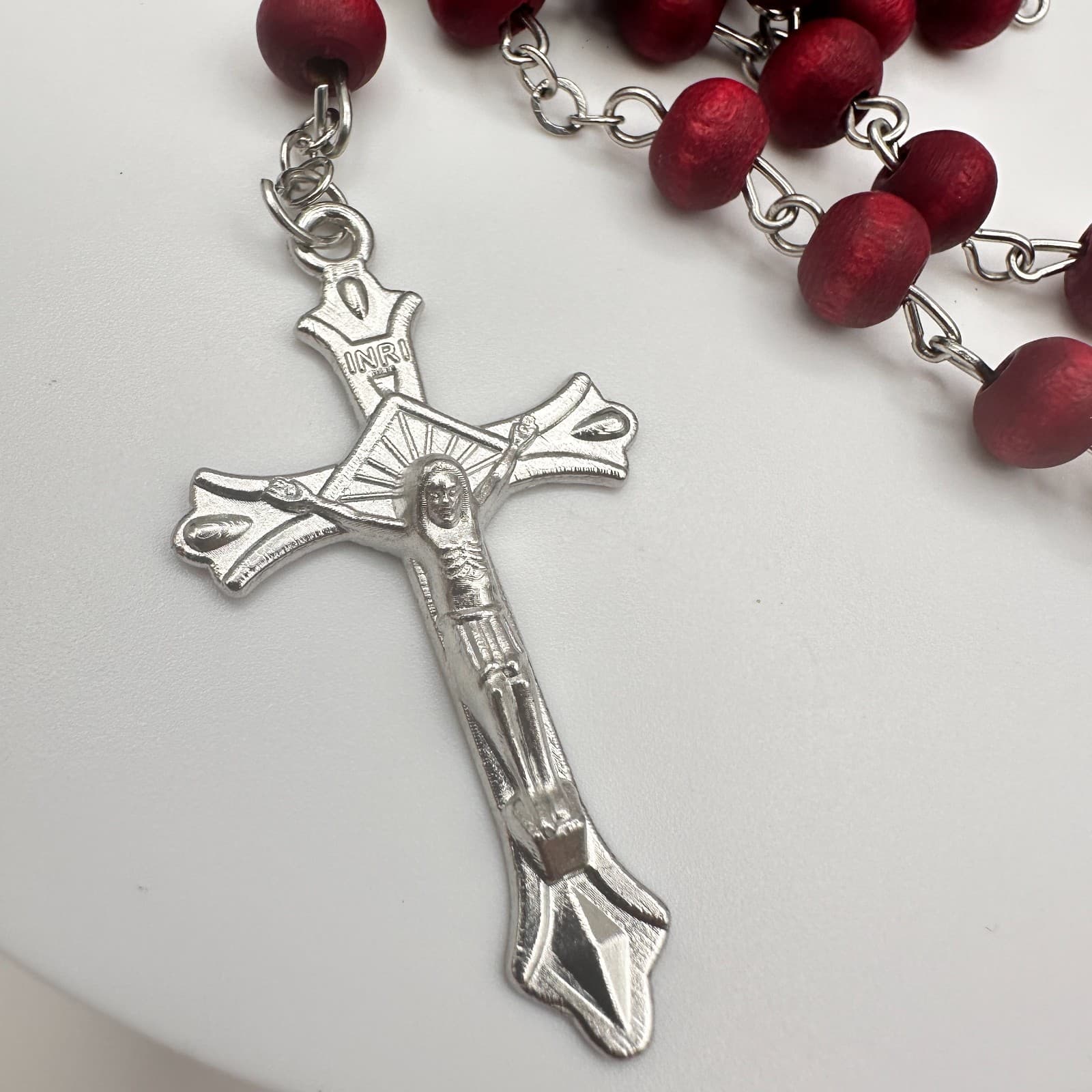 Vintage 90s Wooden Beaded Cross Necklace & Bracelets Set INRI Religious Jewelry - Thumbnail 4