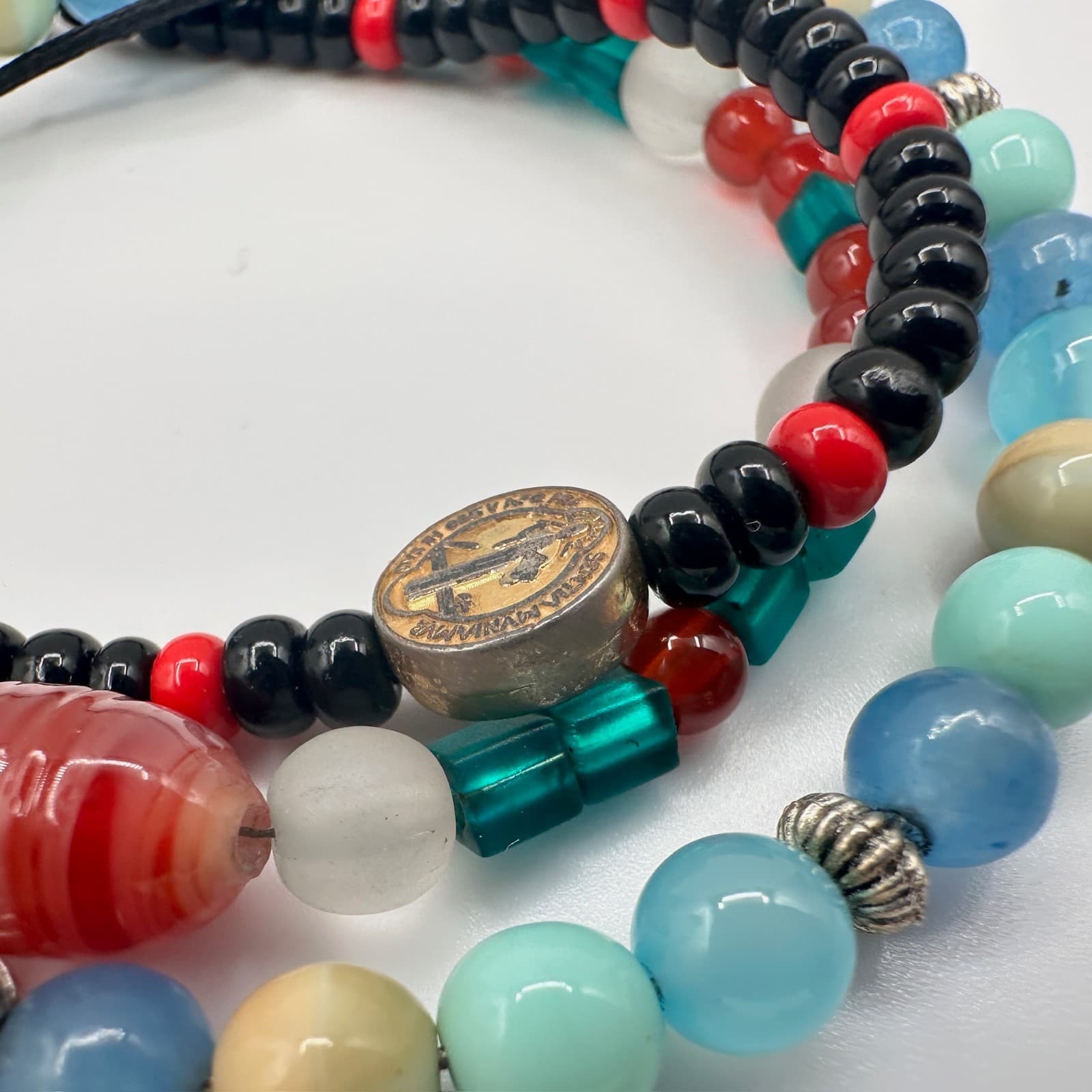 Vintage 90s Mixed Glass Bead Multi-Color Religious Bracelet Set Heart Jewelry - Thumbnail 9