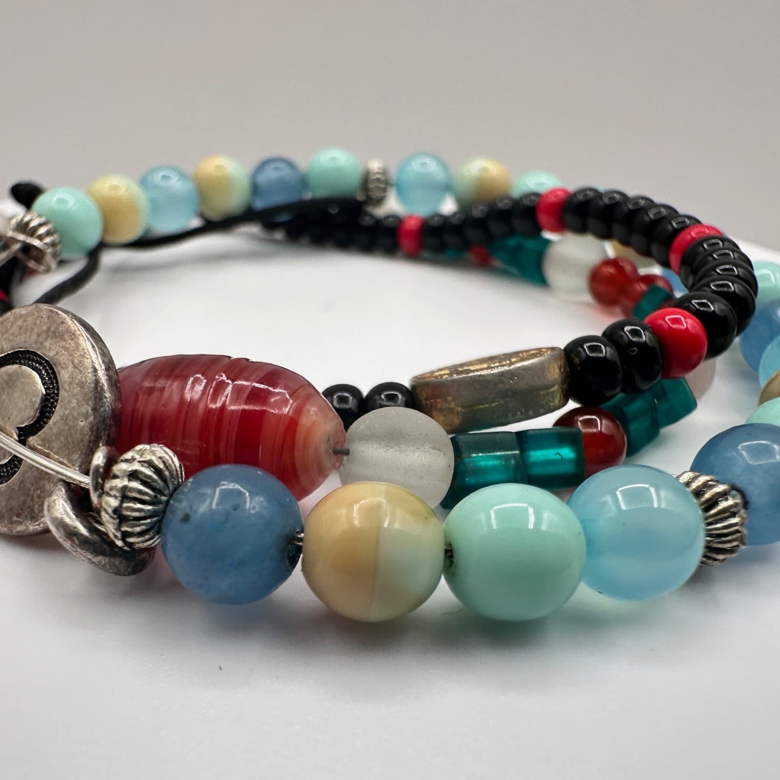 Vintage 90s Mixed Glass Bead Multi-Color Religious Bracelet Set Heart Jewelry - Thumbnail 7