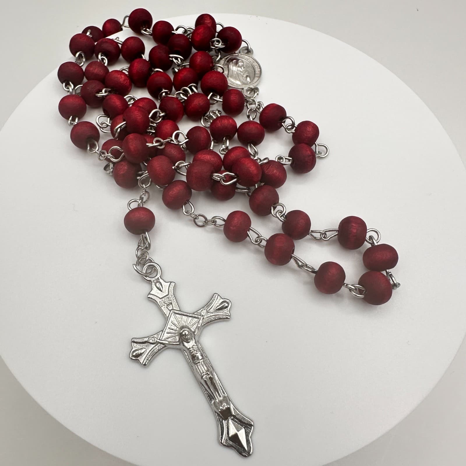 Vintage 90s Wooden Beaded Cross Necklace & Bracelets Set INRI Religious Jewelry - Thumbnail 3