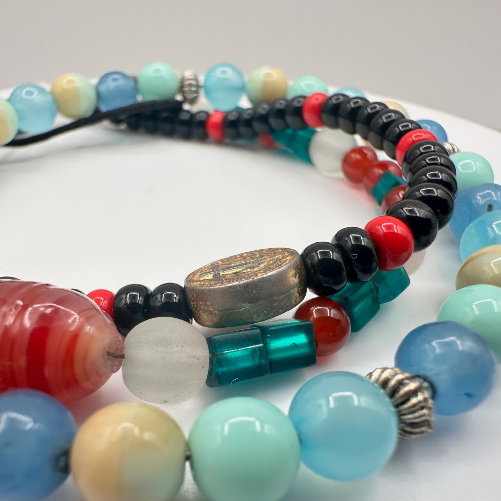 Vintage 90s Mixed Glass Bead Multi-Color Religious Bracelet Set Heart Jewelry - Thumbnail 8